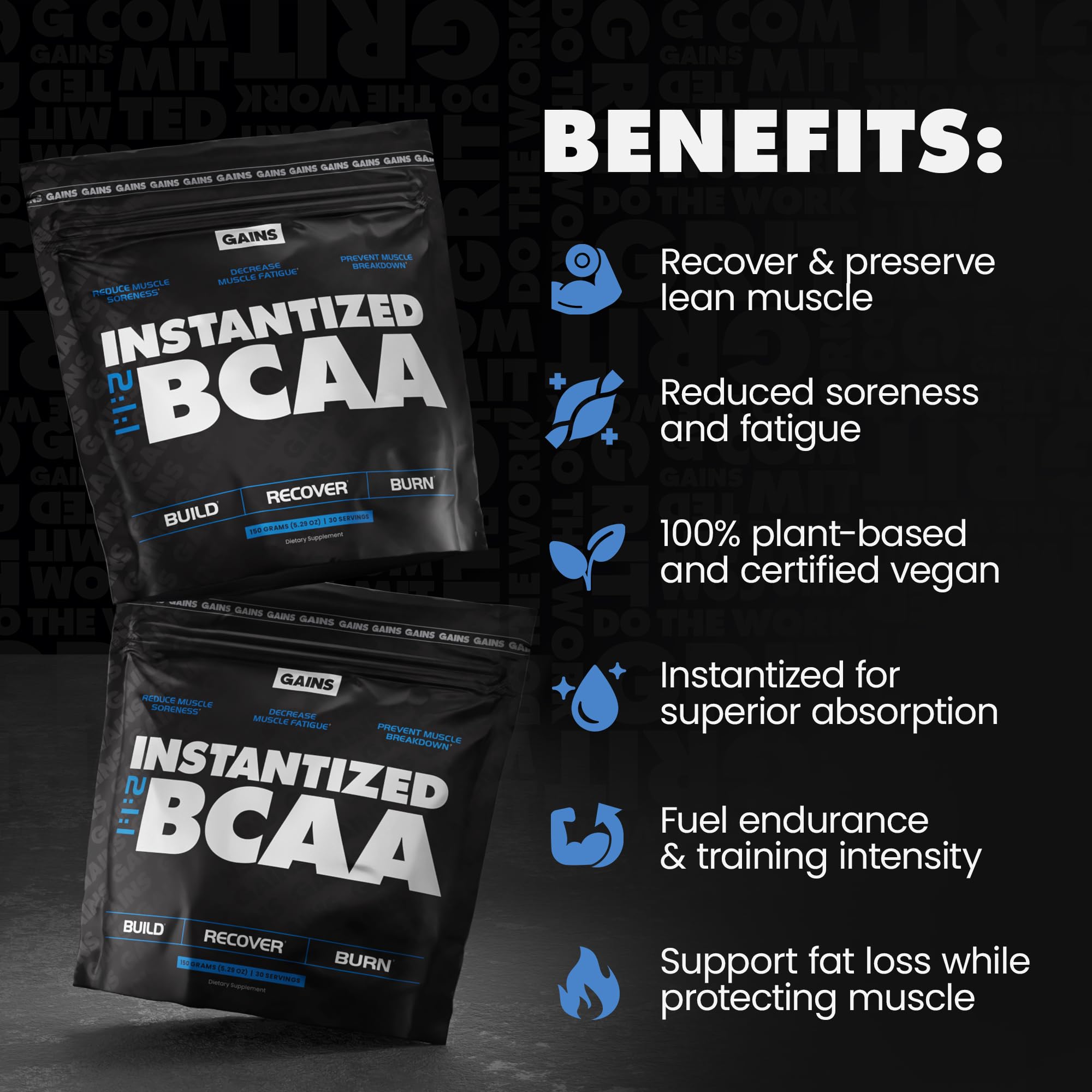 GAINS IN BULK Instantized BCAAs mixed in a glass with water