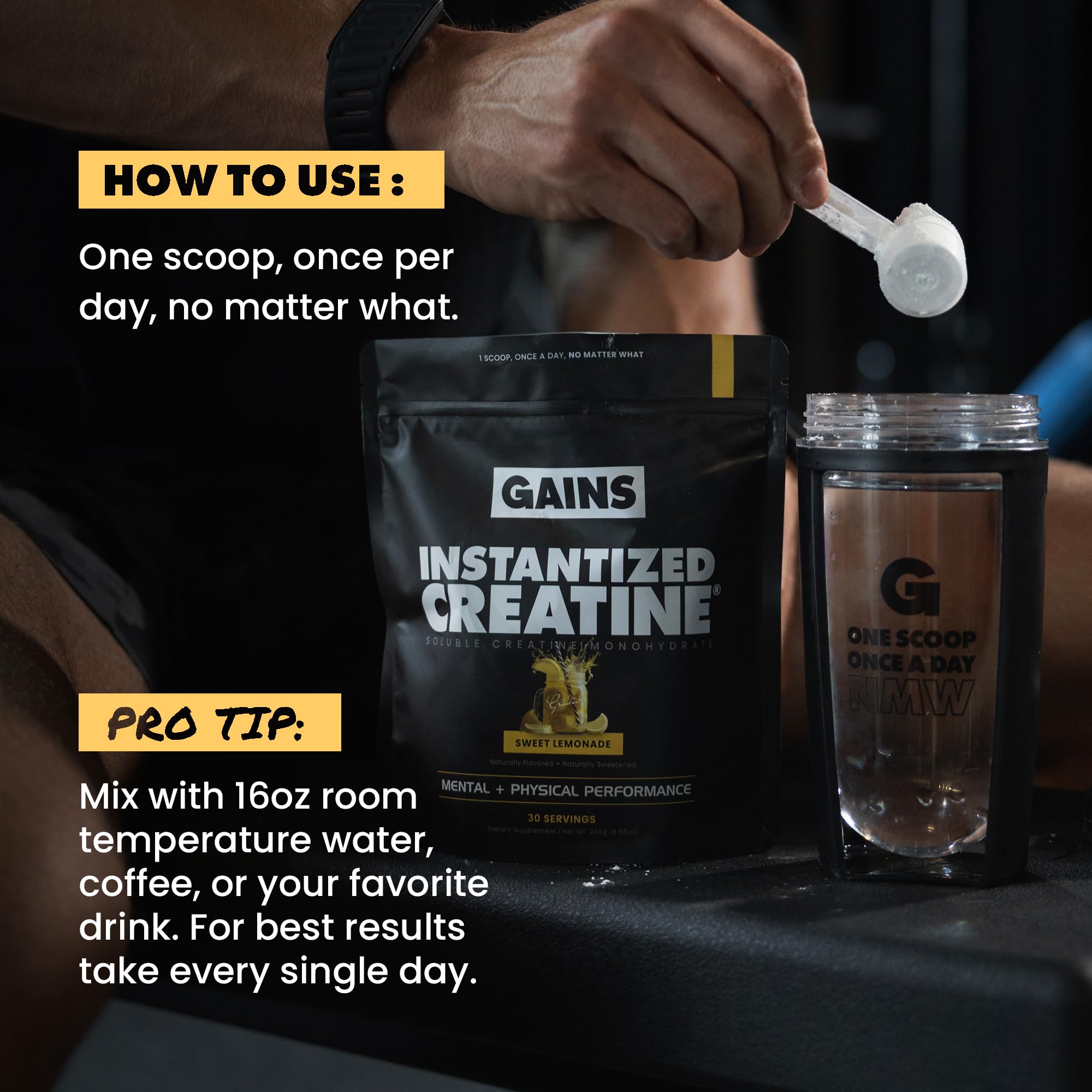 GAINS IN BULK Instantized Creatine 290g with workout gear