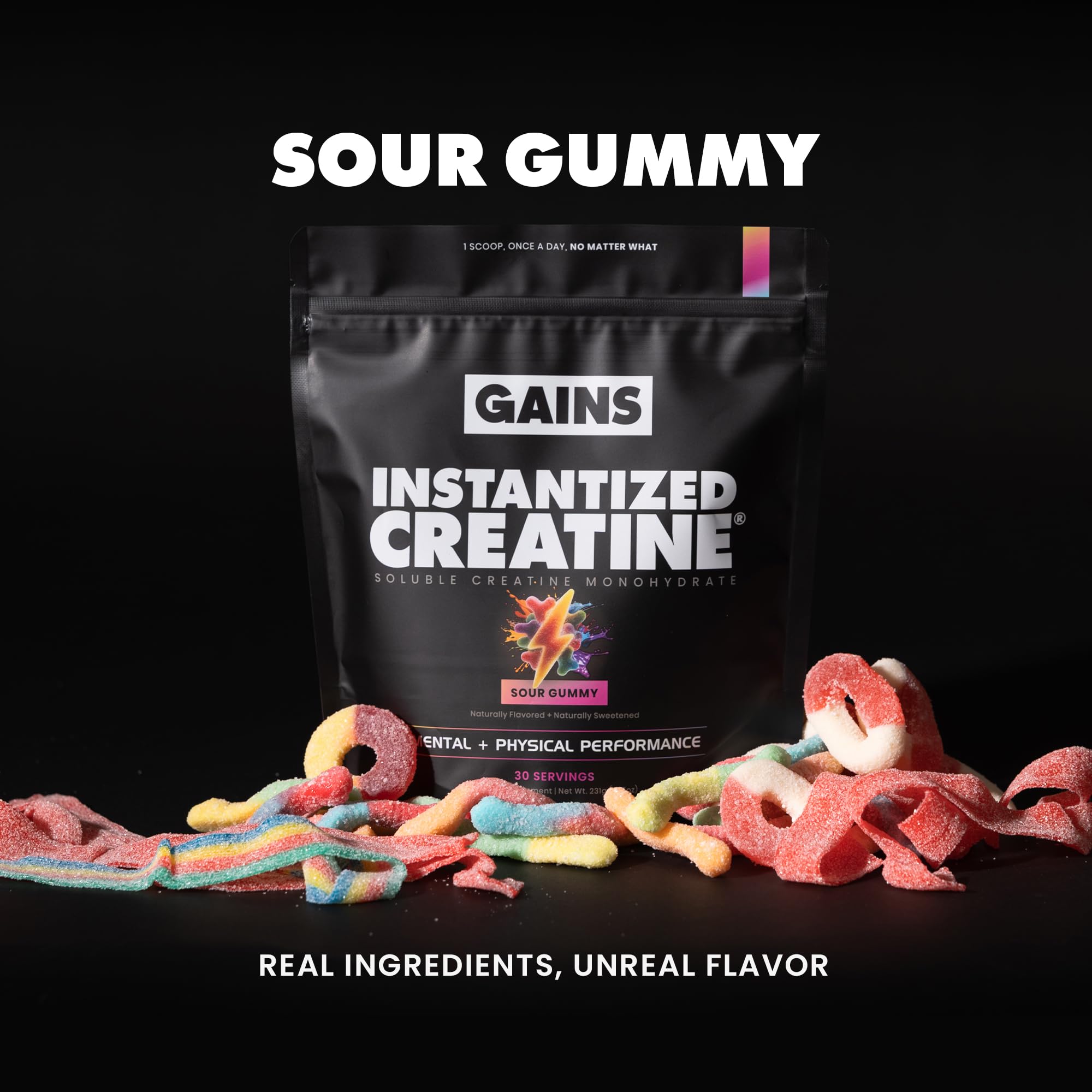 GAINS IN BULK Instantized Creatine Powder 235g scoop and powder