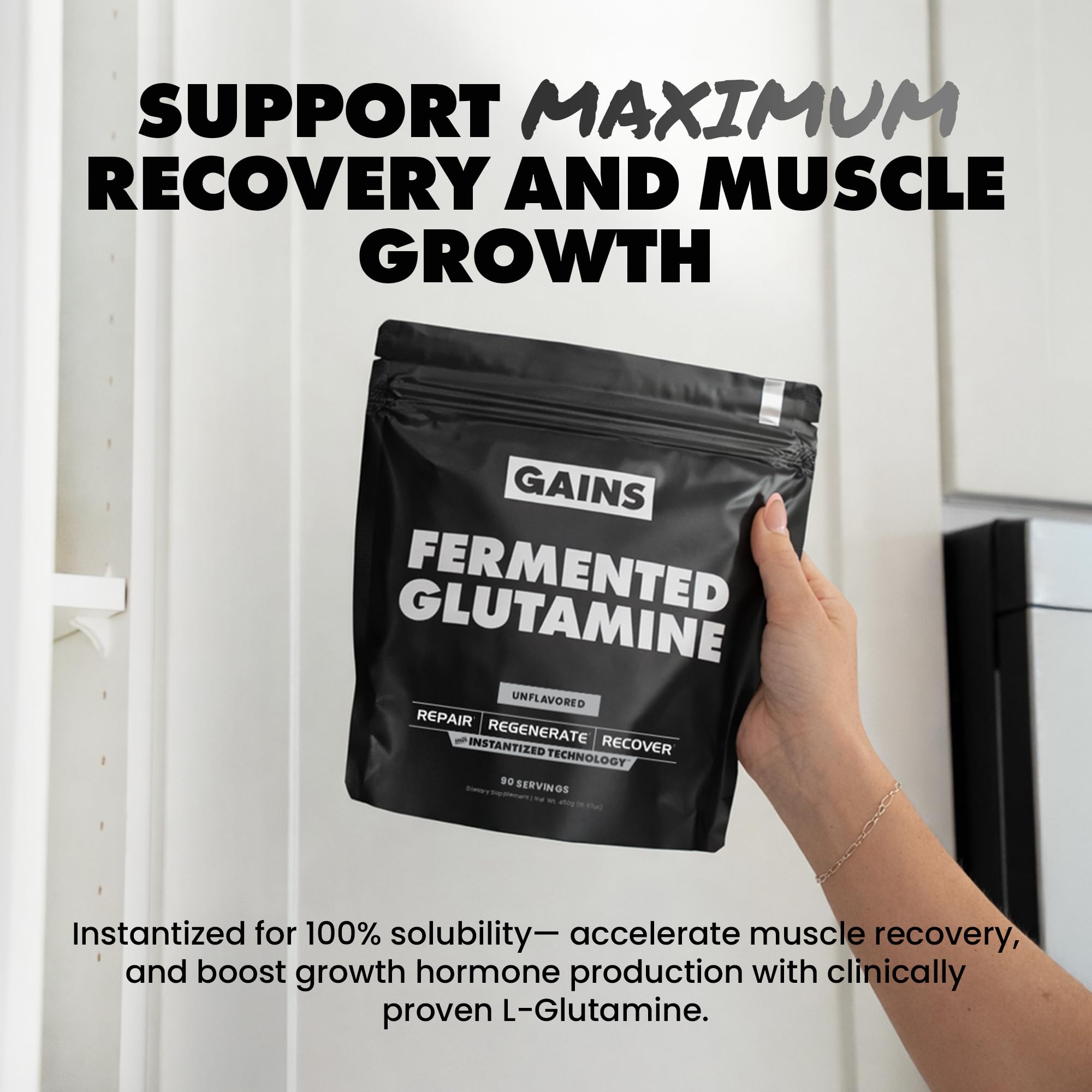 GAINS IN BULK L-Glutamine Powder in a shaker bottle