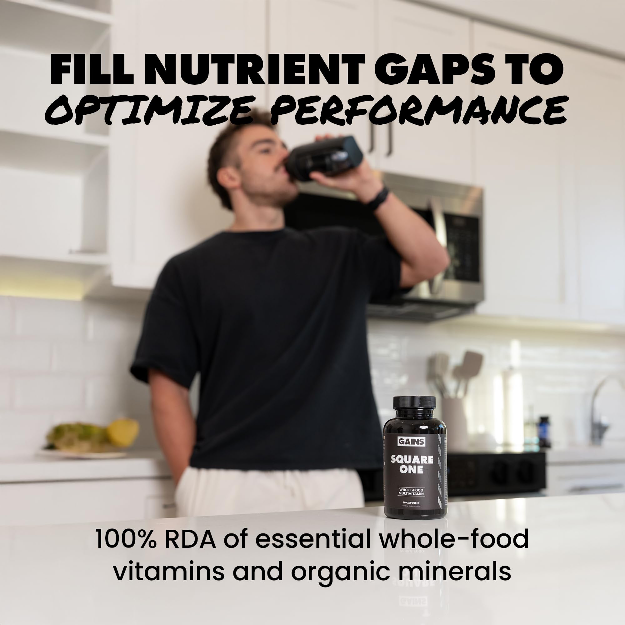 GAINS IN BULK Square 1 Multivitamin capsules opened bottle