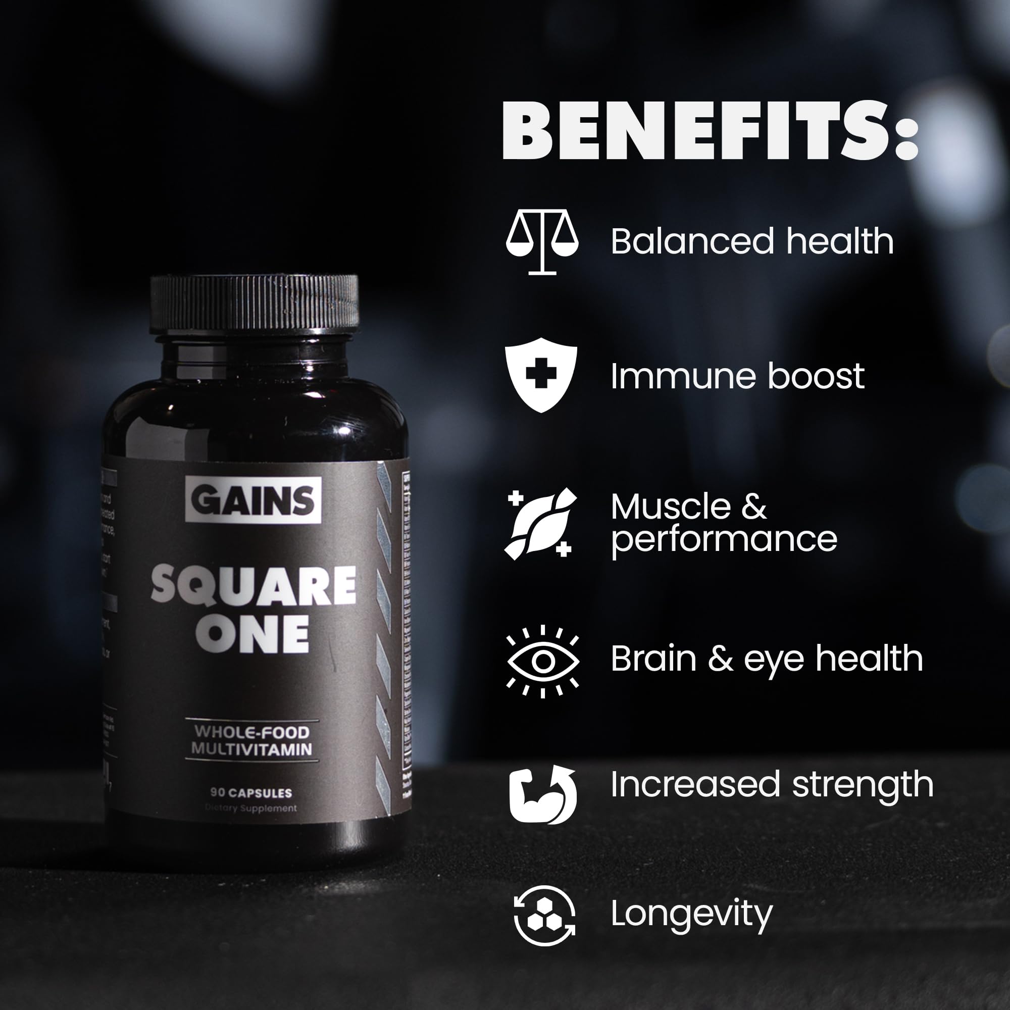 GAINS IN BULK Square 1 Multivitamin capsules packaging