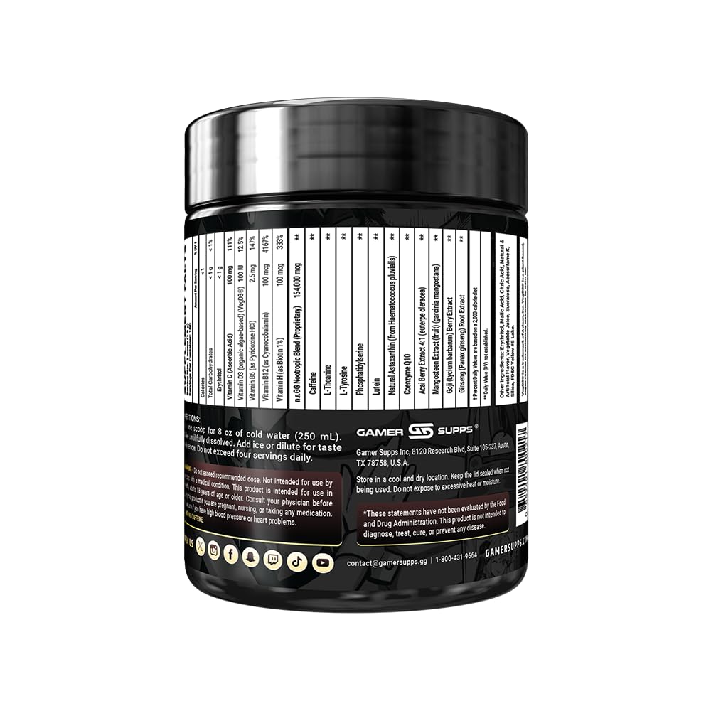 Gamer Supps GG Energy Blue Raspberry tub with ingredients list