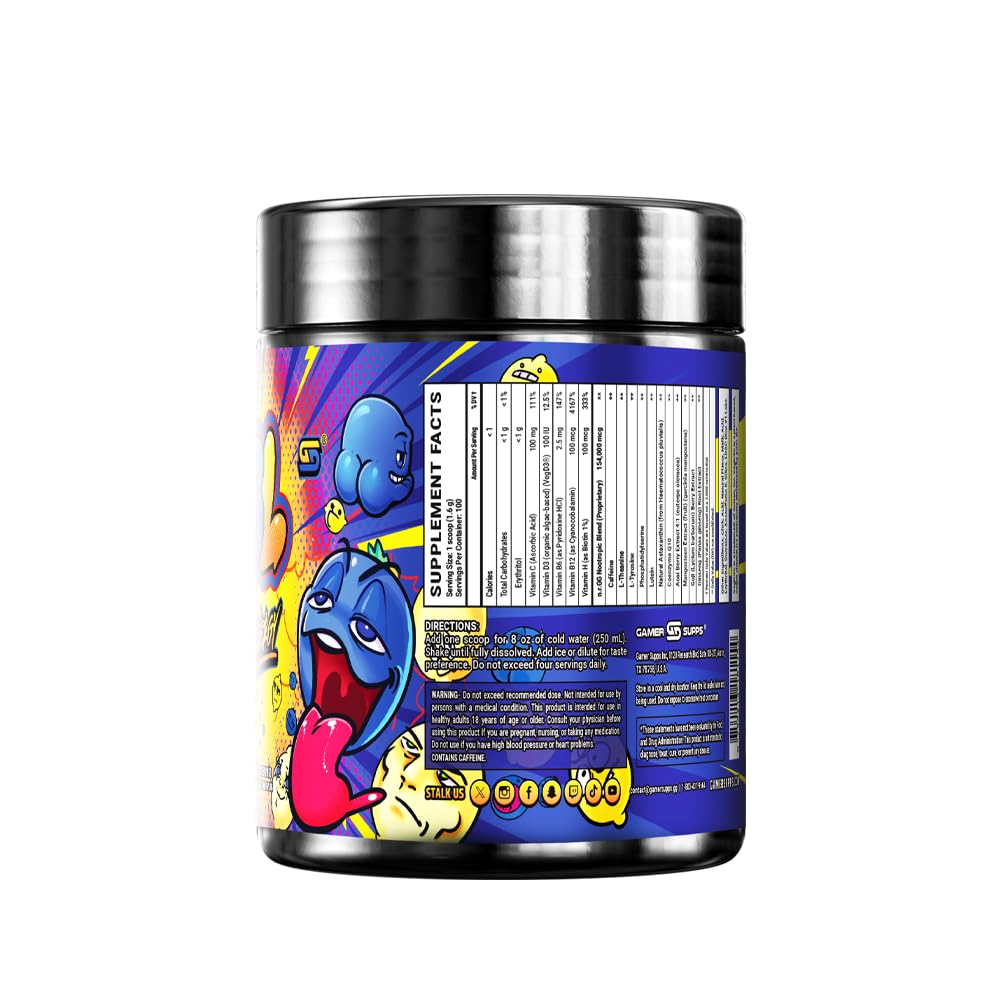 Gamer Supps GG Energy Blueberry Lemonade tub with a glass of mixed drink