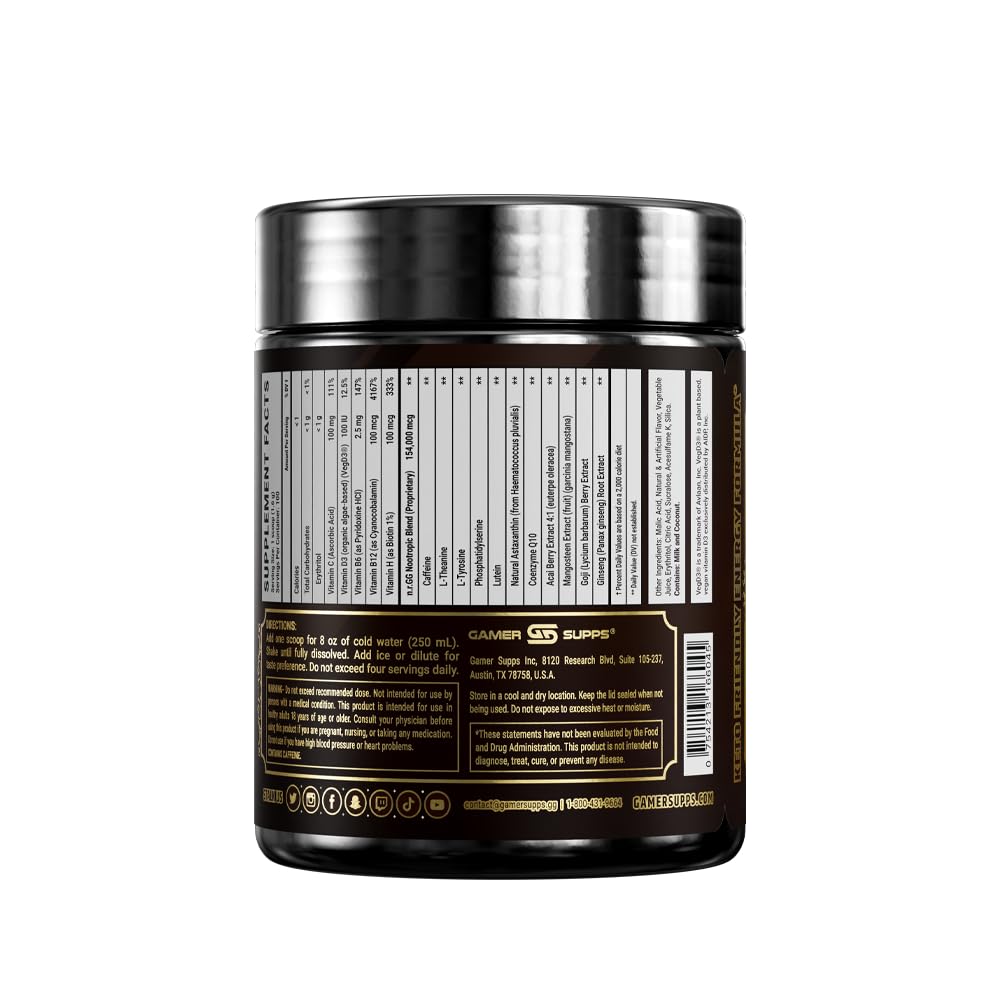 Gamer Supps GG Energy Coconut Mango flavour tub with ingredients list