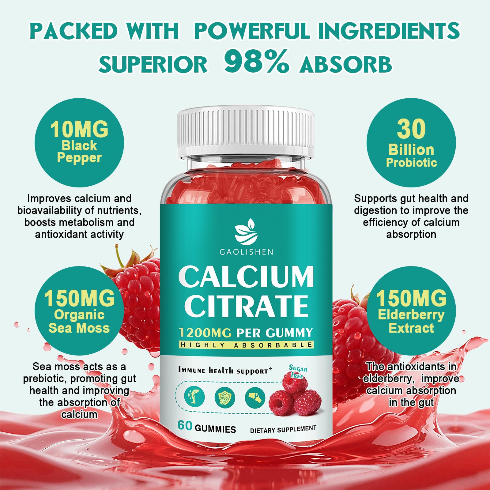 GAOLISHEN Calcium Citrate Gummies 1200mg with Vitamin D3 and K2