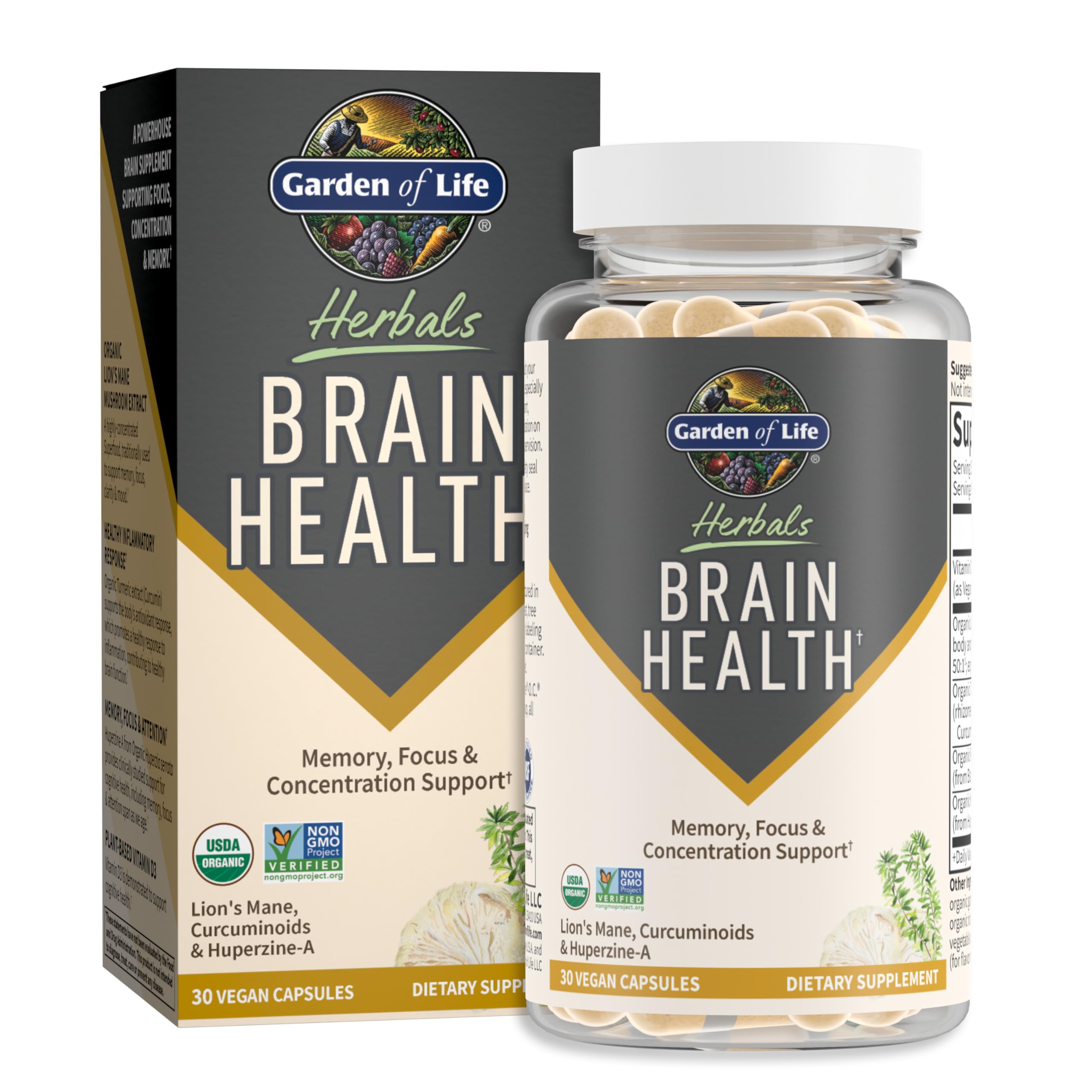 Garden of Life Brain Health Vegan Capsules front view with packaging