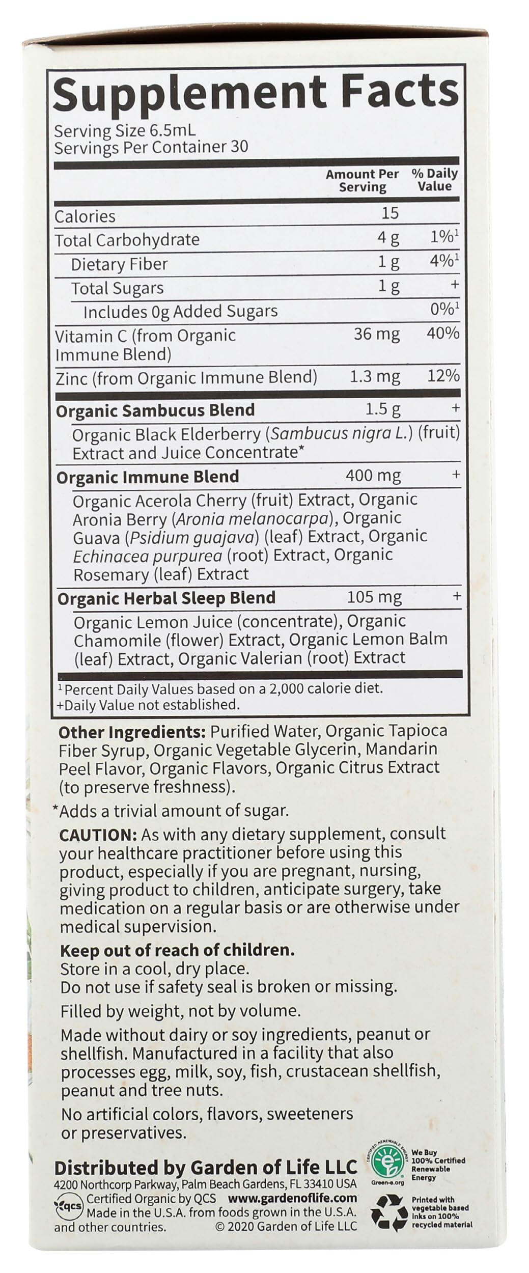 Garden of Life Elderberry Supplement ingredients list close-up