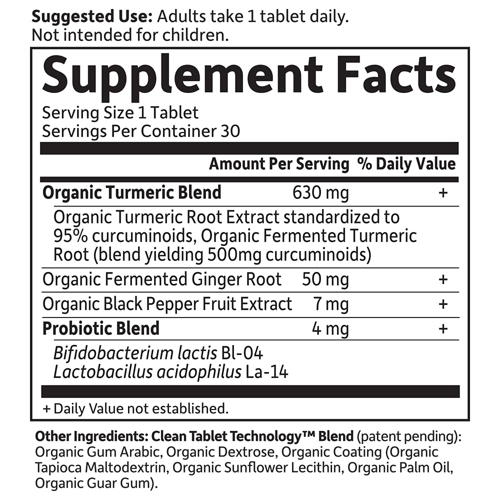 Garden of Life Maximum Strength Turmeric supplement showing clean tablet technology
