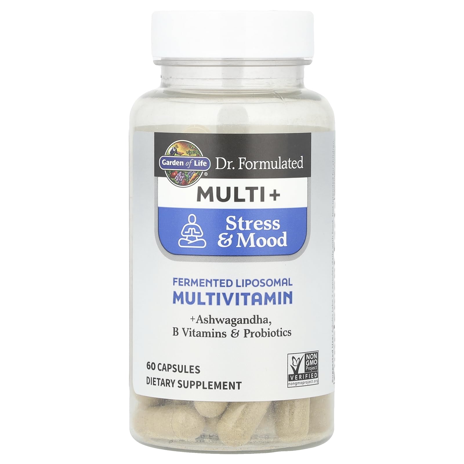 Garden of Life Multi+ Stress & Mood multivitamin bottle side view