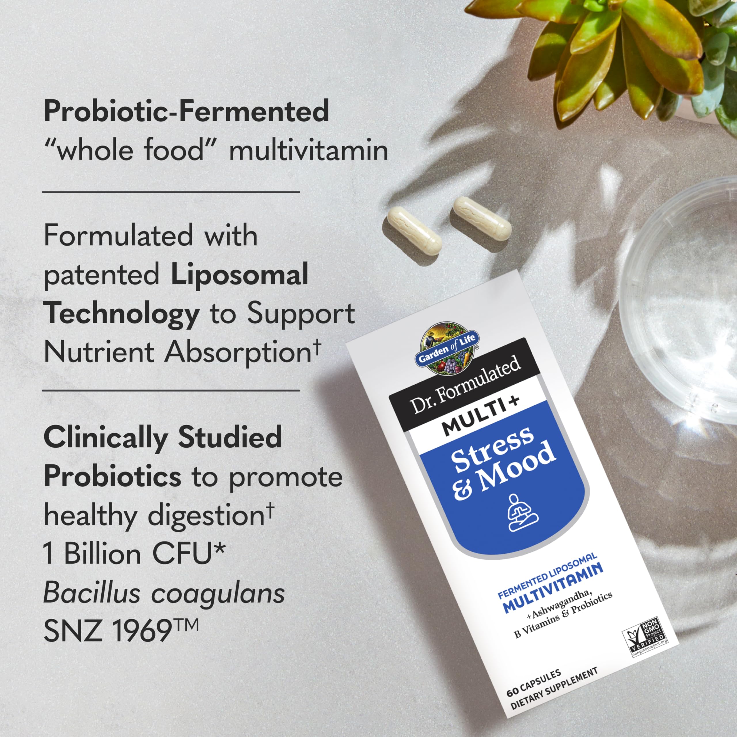 Garden of Life Multi+ Stress & Mood multivitamin capsules close-up