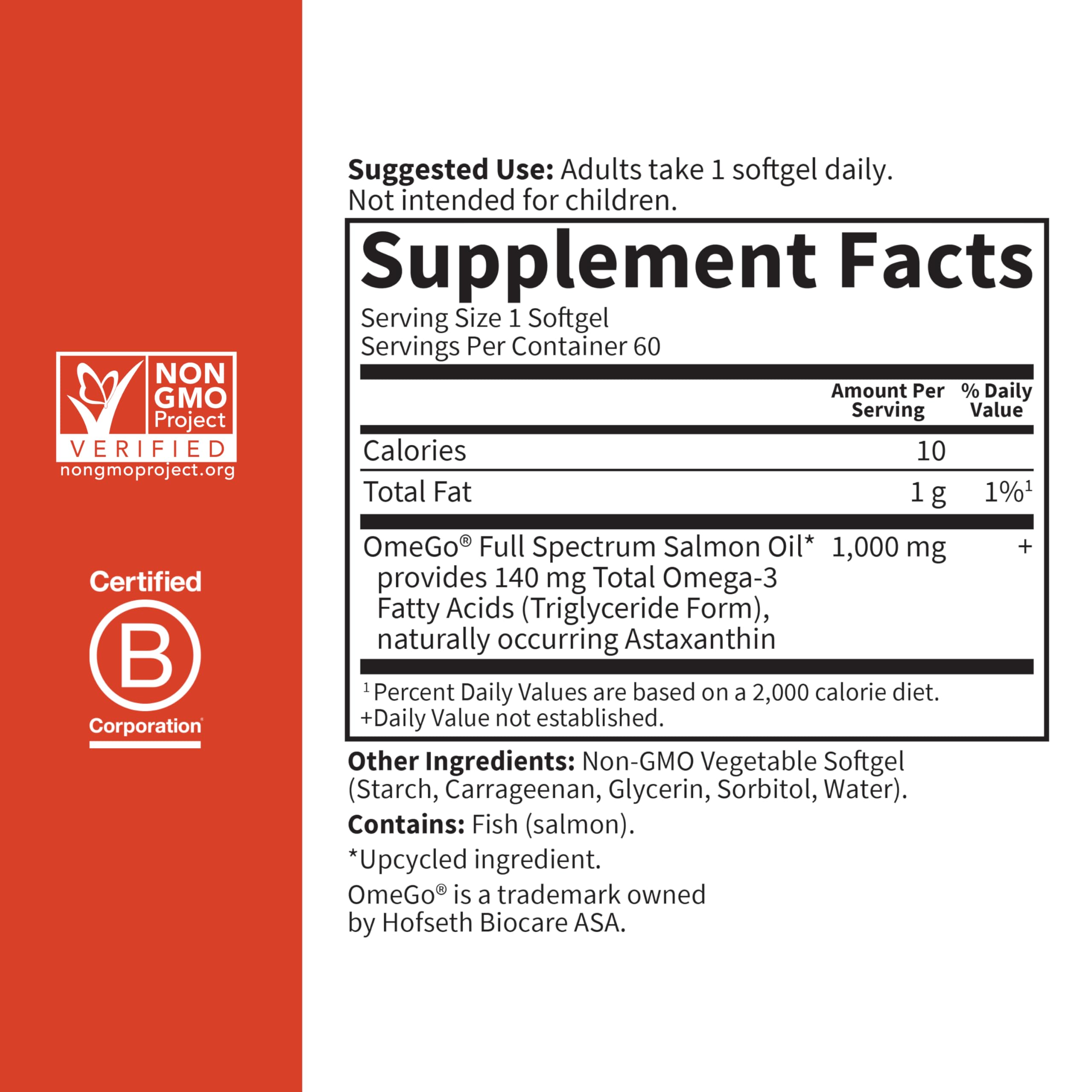 Garden of Life Norwegian Salmon Oil Fish Oil Softgels with dosage information