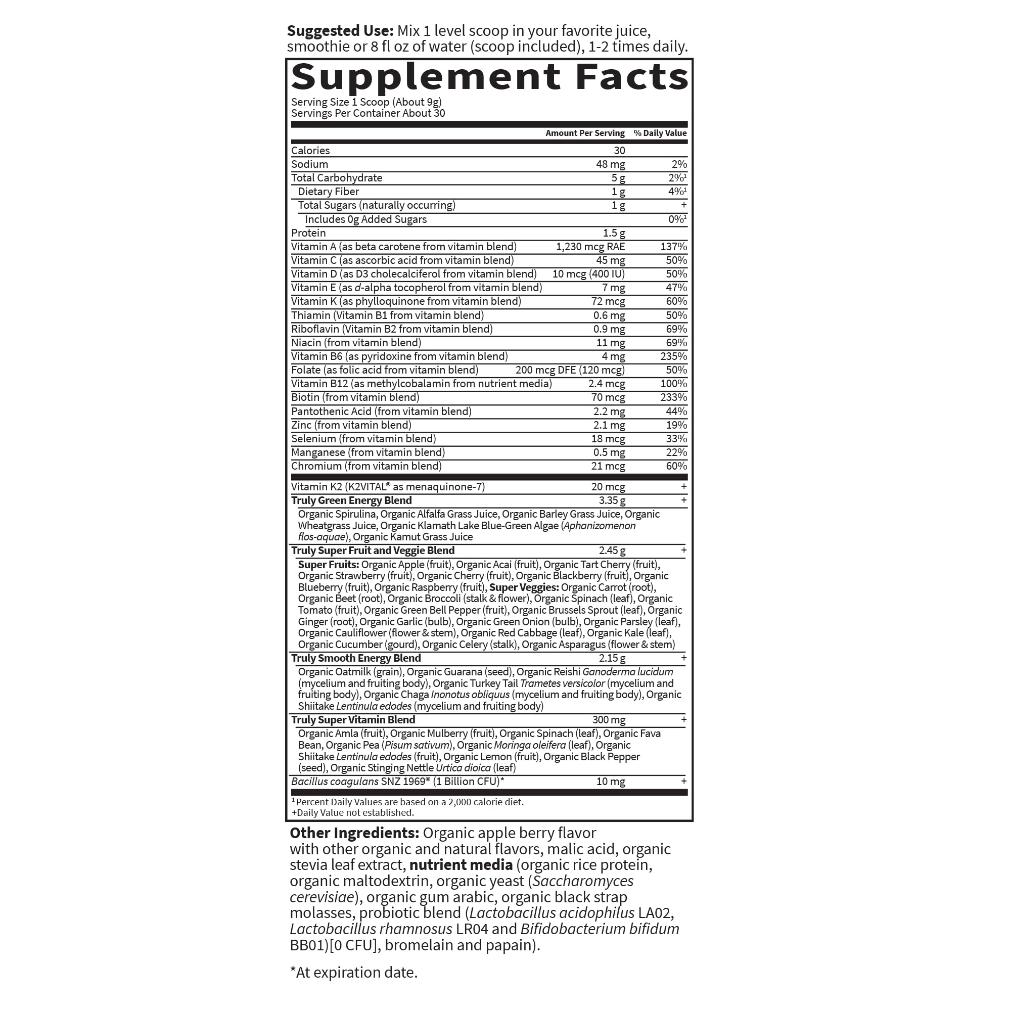 Garden of Life Organic Greens Superfood Powder ingredients list