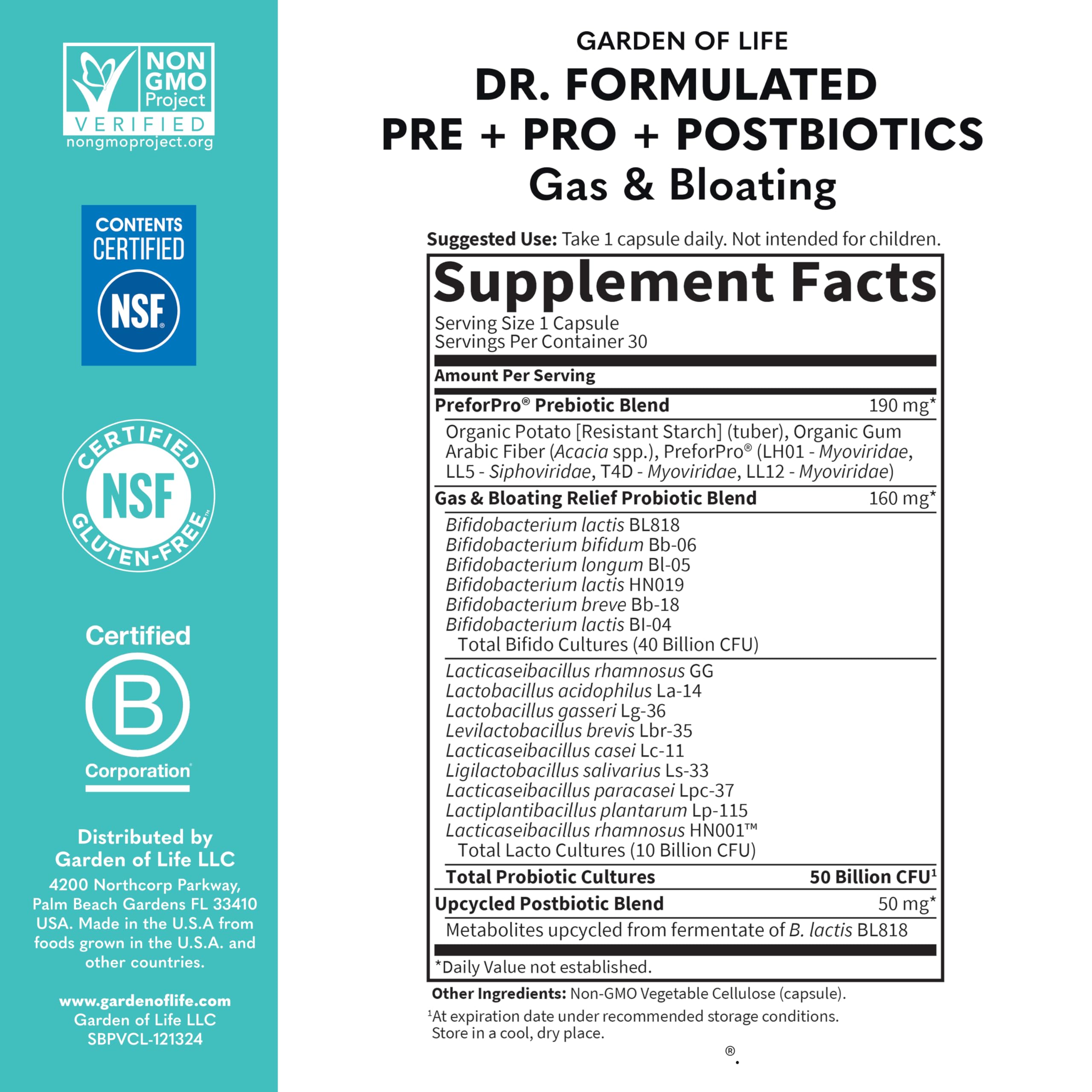 Garden of Life Probiotic Supplement 50 Billion CFU with ingredients list
