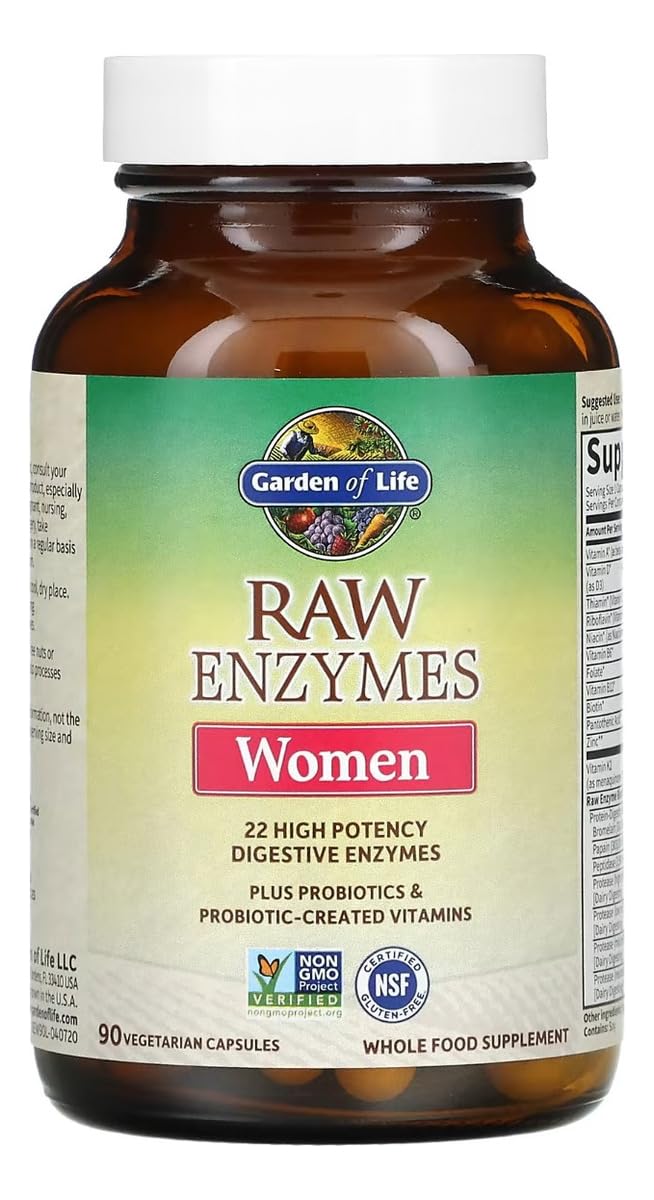 Garden of Life Raw Enzymes for Women capsules on a wooden table