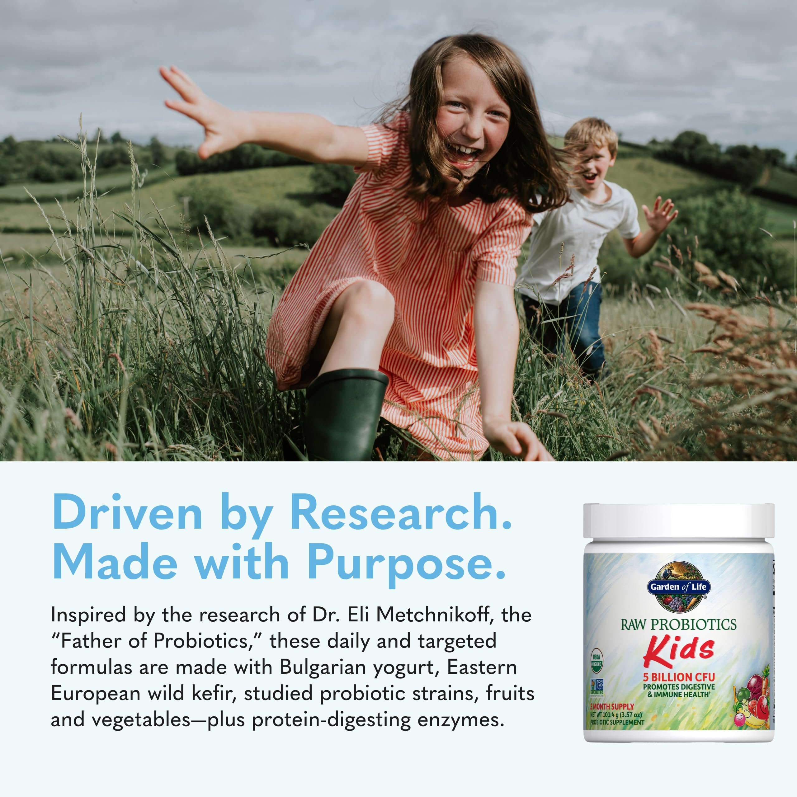 Garden of Life Raw Probiotics Kids supplement in a bowl with fruits