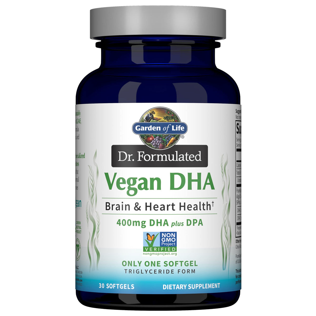 Garden of Life Vegan Omega-3 DHA Supplement 400mg softgel front view