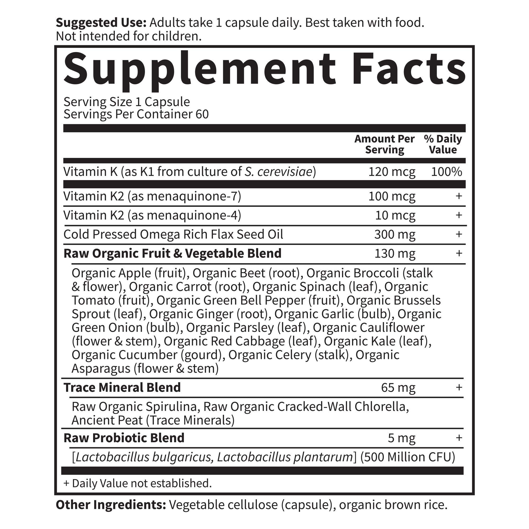 Garden of Life Vitamin Code Raw K-Complex displayed with flaxseed oil
