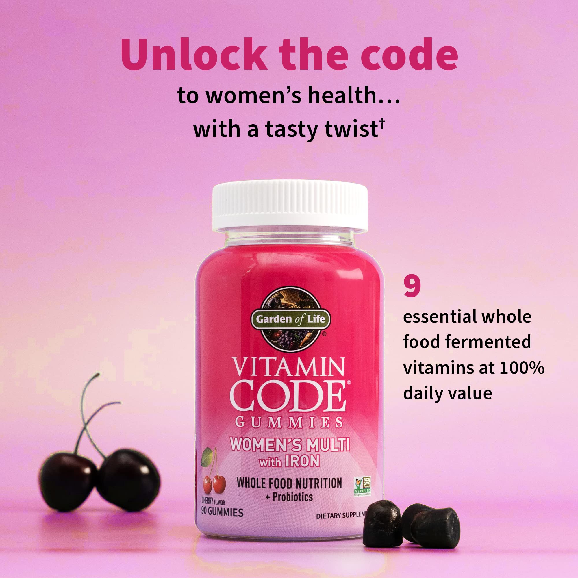 Garden of Life Women's Multivitamin Gummies displayed with three gummies