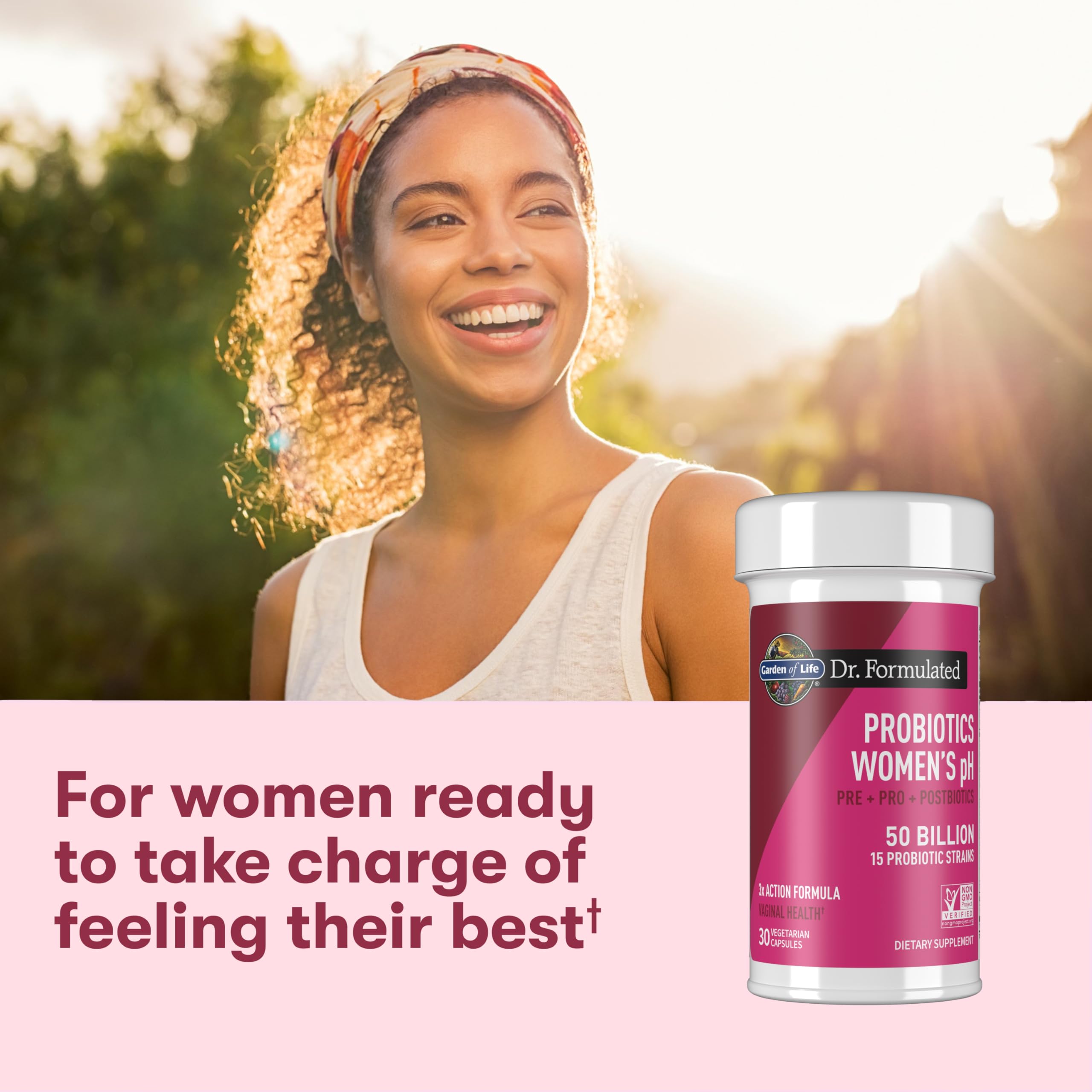 Garden of Life Women's Probiotic 3-in-1 Complete capsule with a glass of water