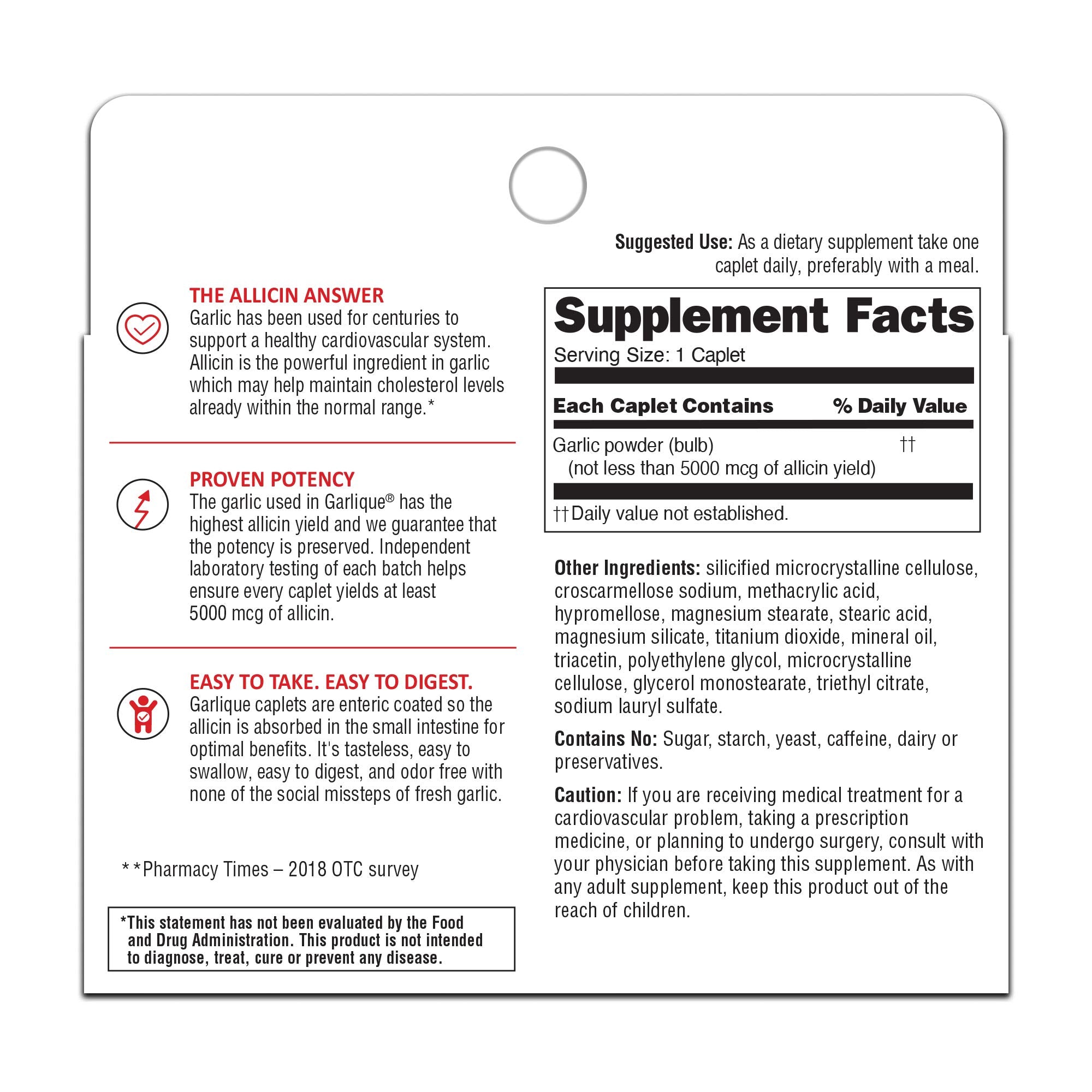 Garlique caplet showing 5000mcg allicin dosage
