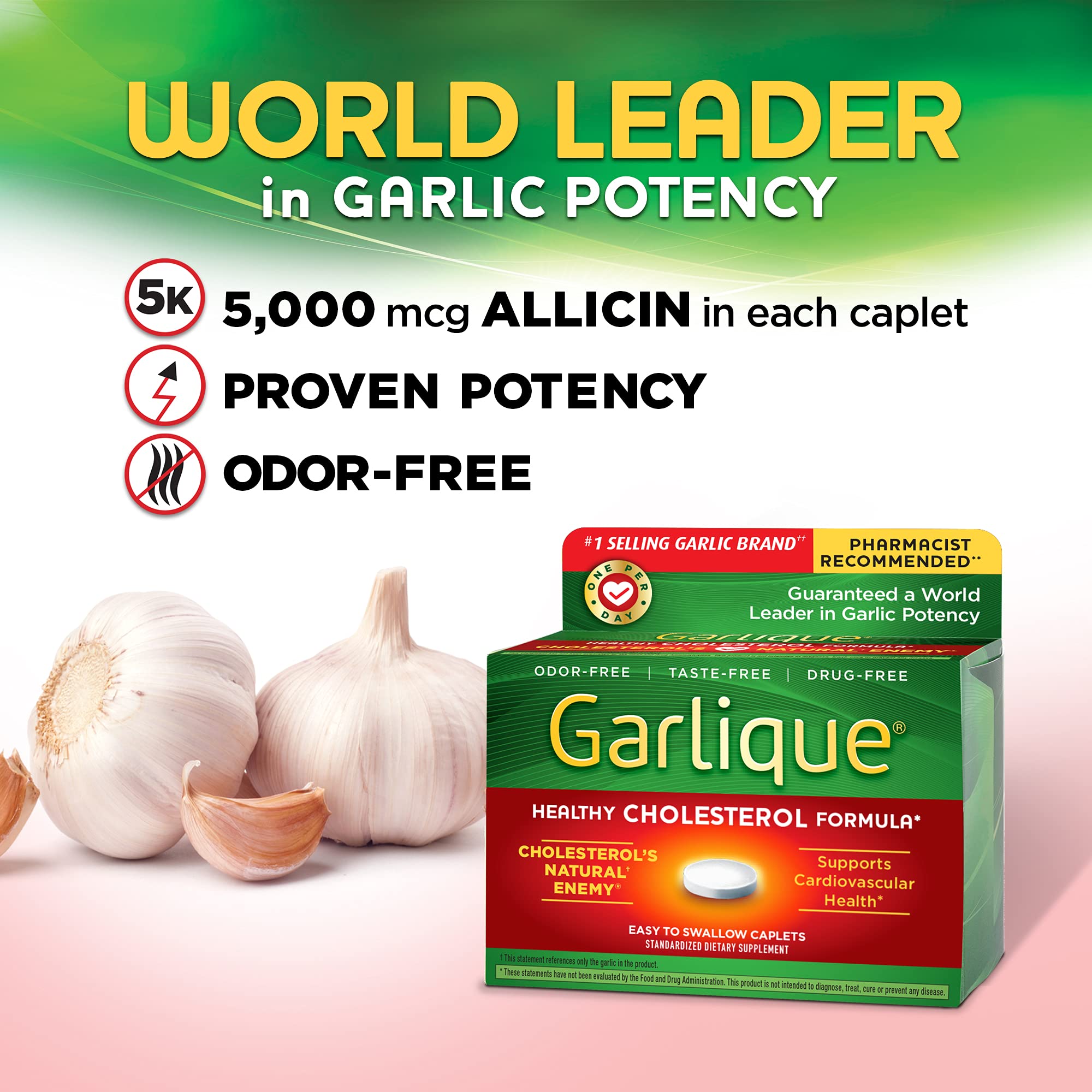 Garlique supplement caplet on a wooden table