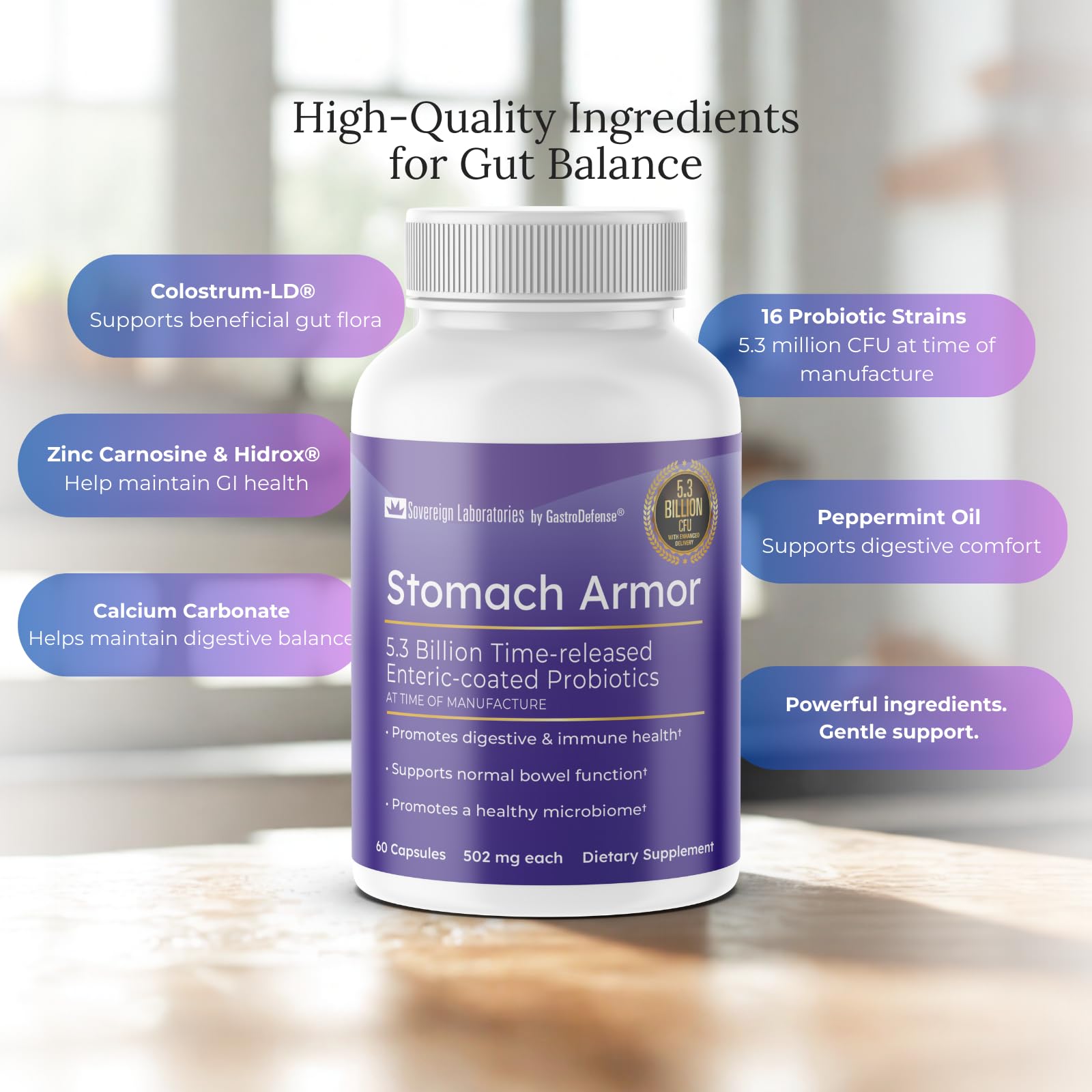 GastroDefense Stomach Armor supplement on a wooden table