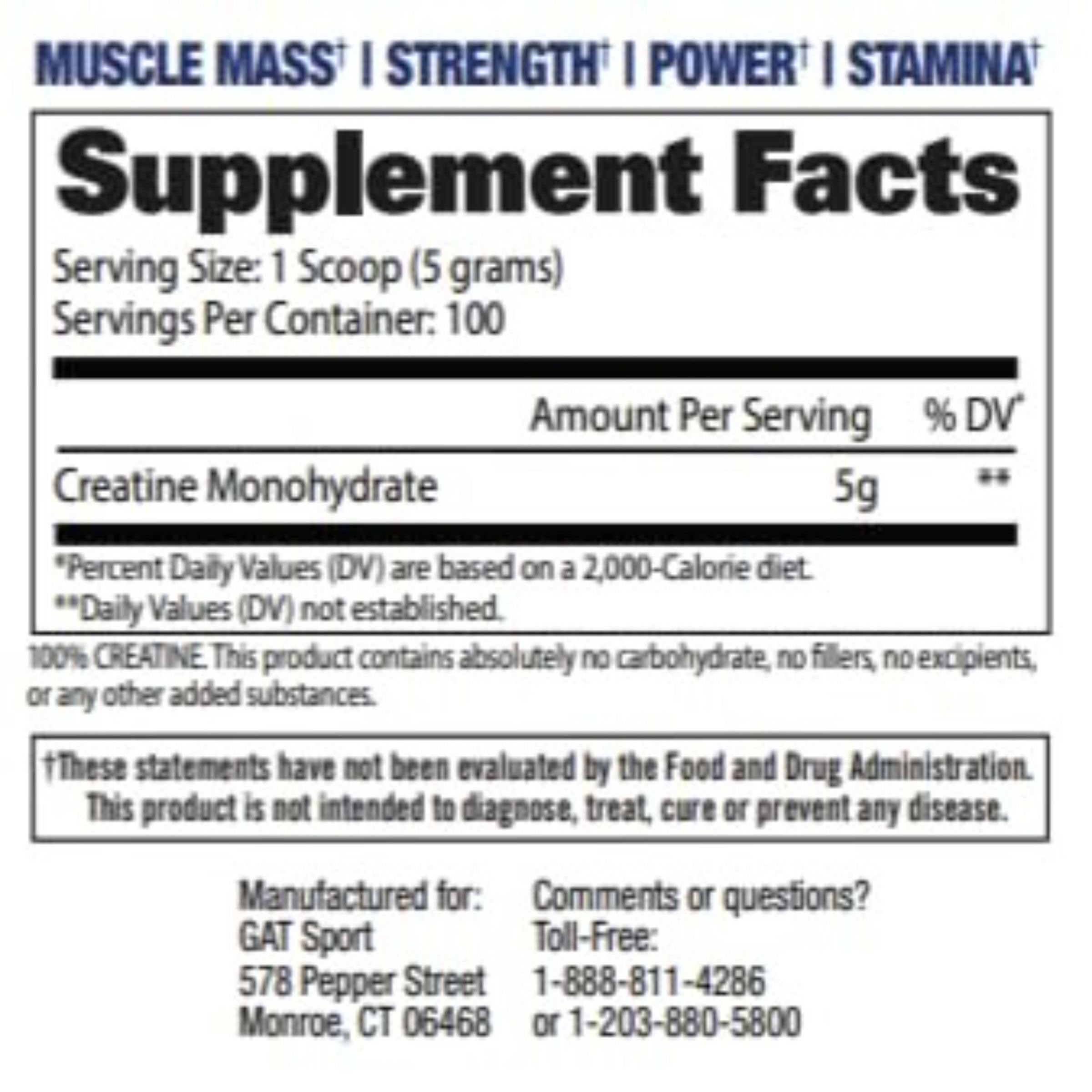 GAT SPORT Creatine Monohydrate Powder 544g nutritional information
