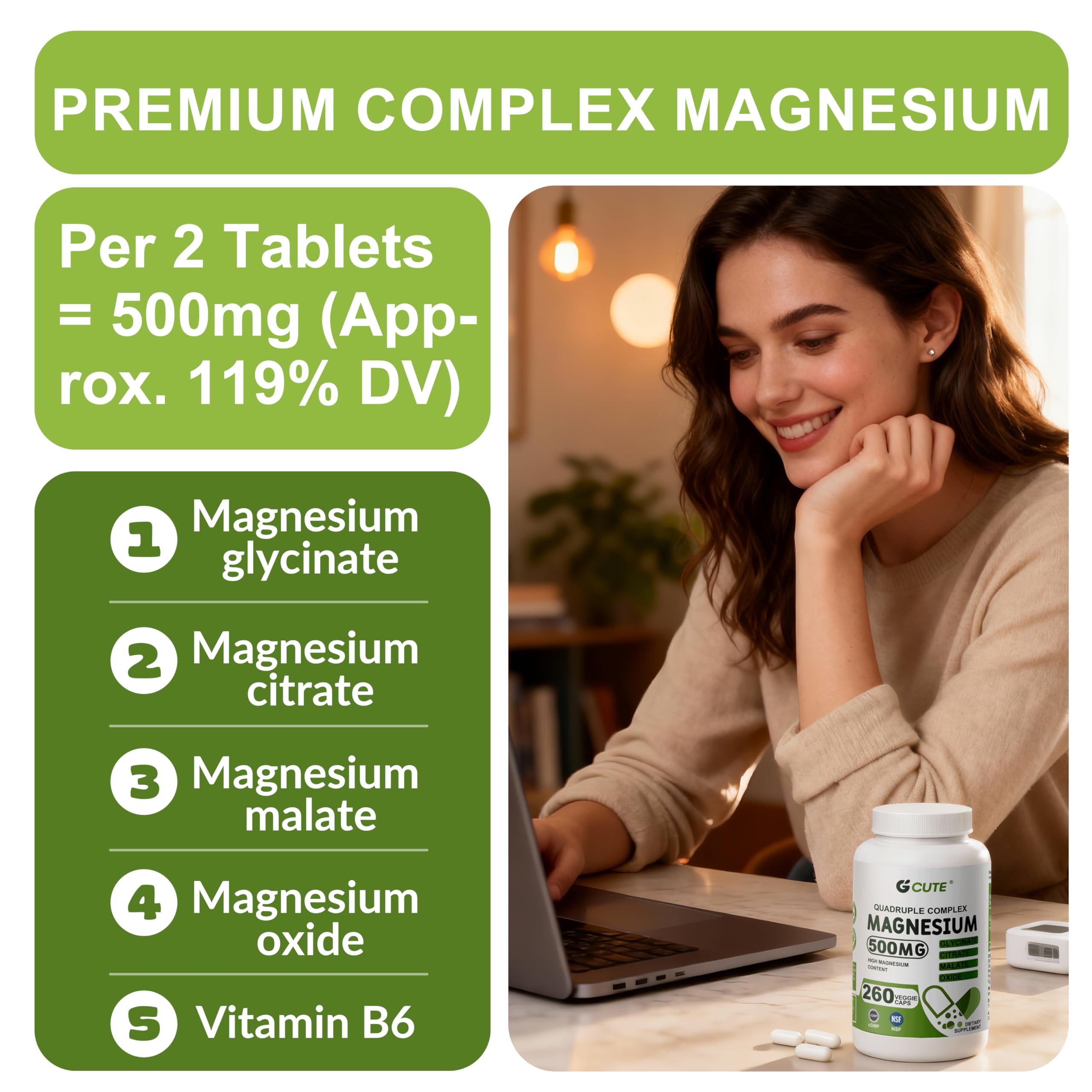 GCUTE Magnesium Supplement capsules on a wooden surface