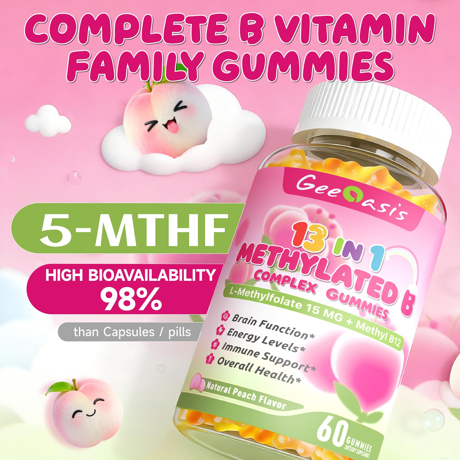 Geeoasis B-Complex Gummies with a hand holding a gummy
