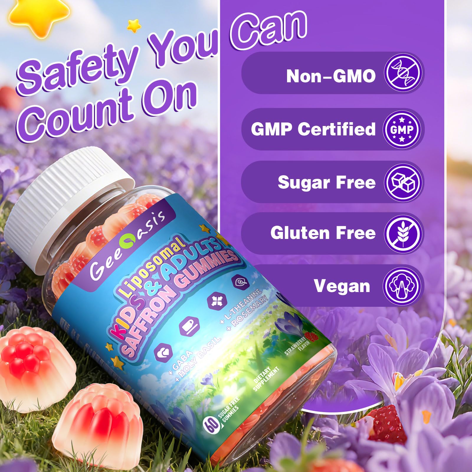 Geeoasis Liposomal Saffron Gummies close-up of gummy texture