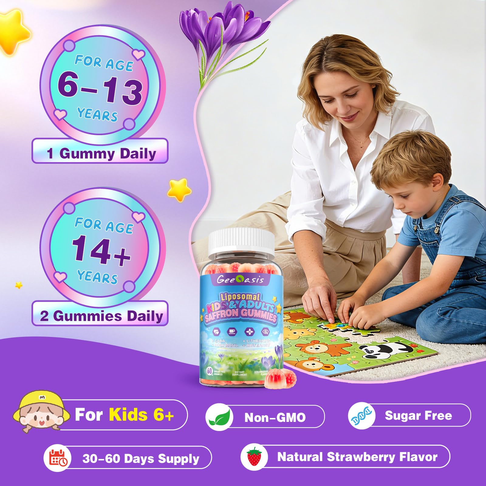 Geeoasis Liposomal Saffron Gummies displayed on a kitchen counter