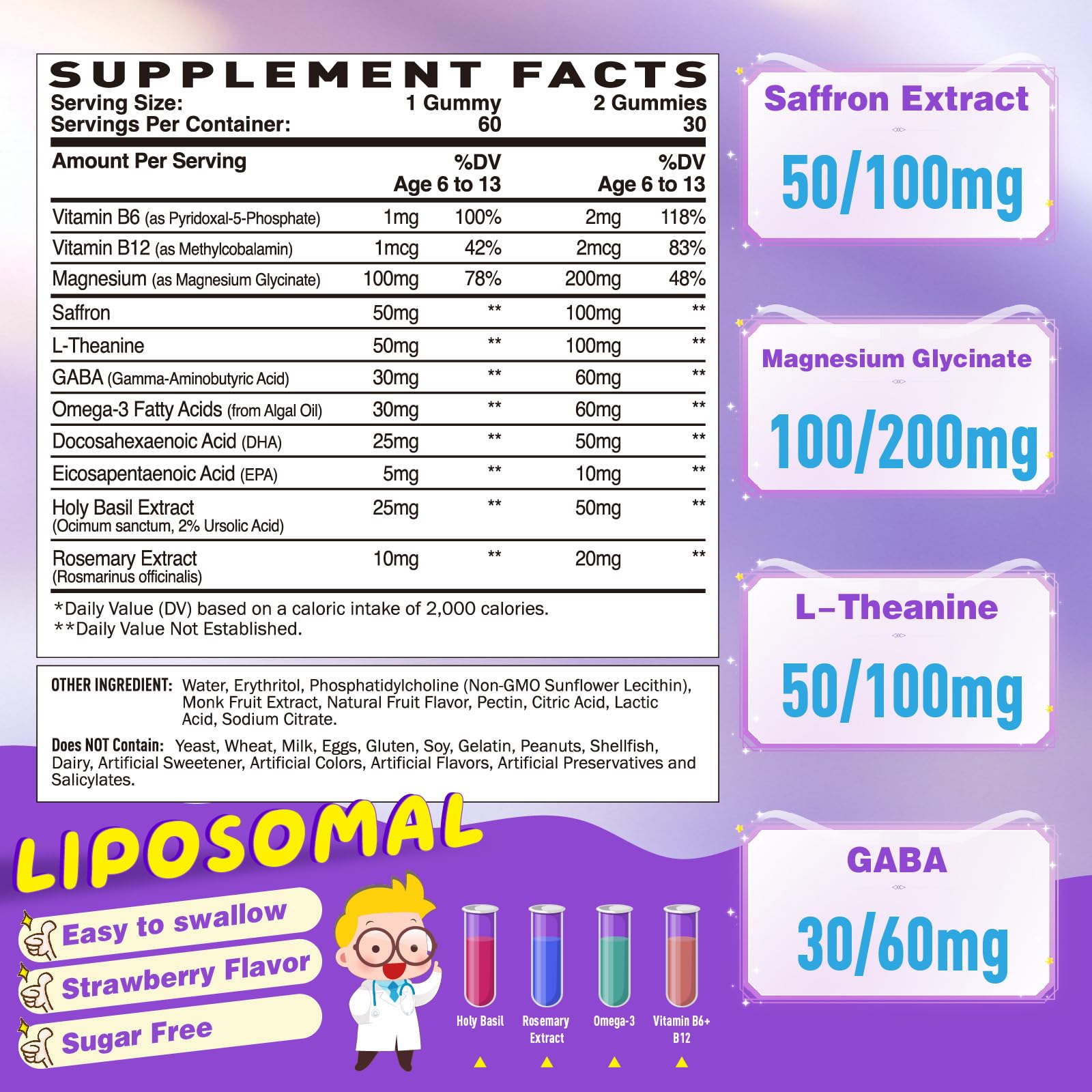 Geeoasis Liposomal Saffron Gummies side view showing ingredients