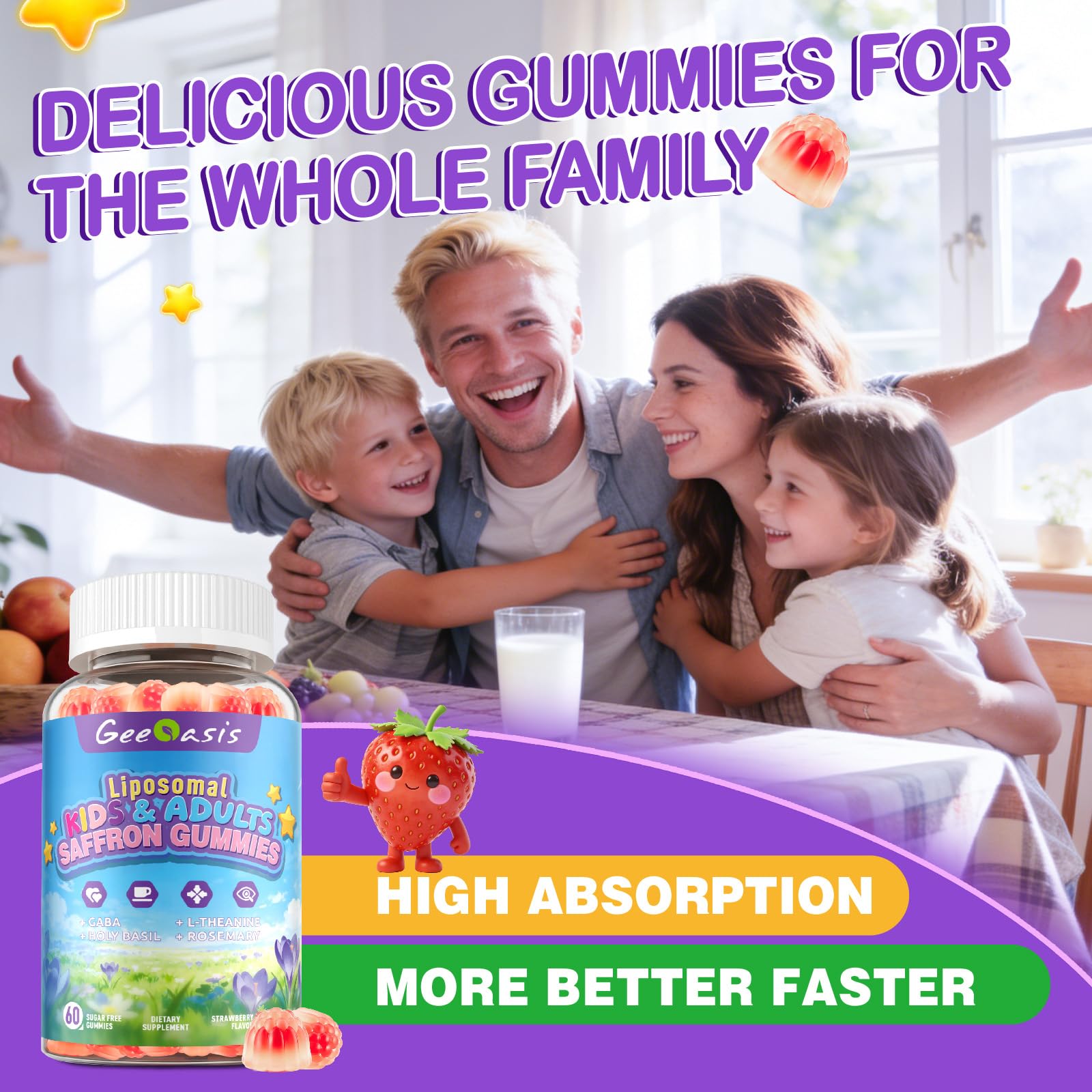 Geeoasis Liposomal Saffron Gummies with fresh strawberries