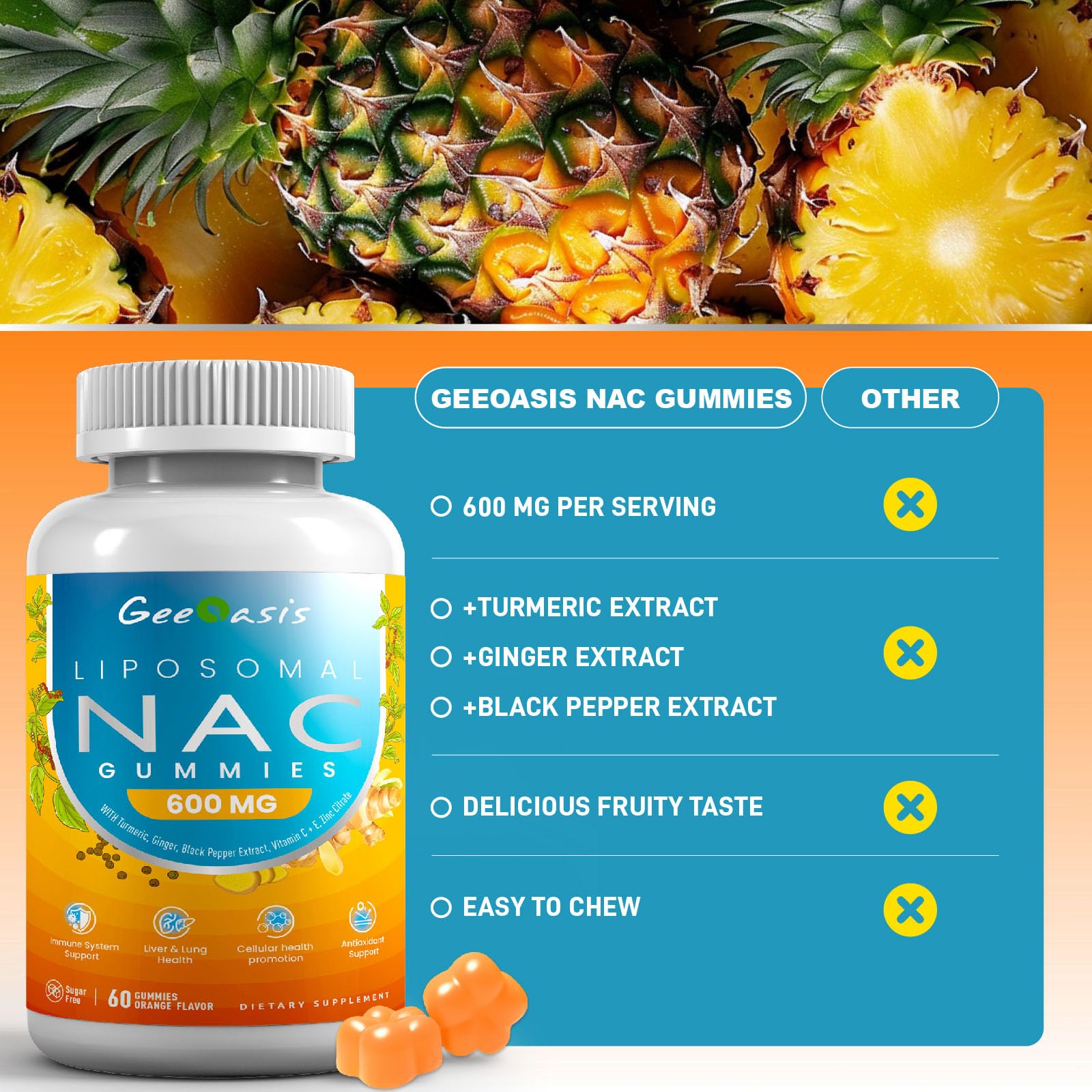 Geeoasis NAC Gummies 600mg natural fruit flavour