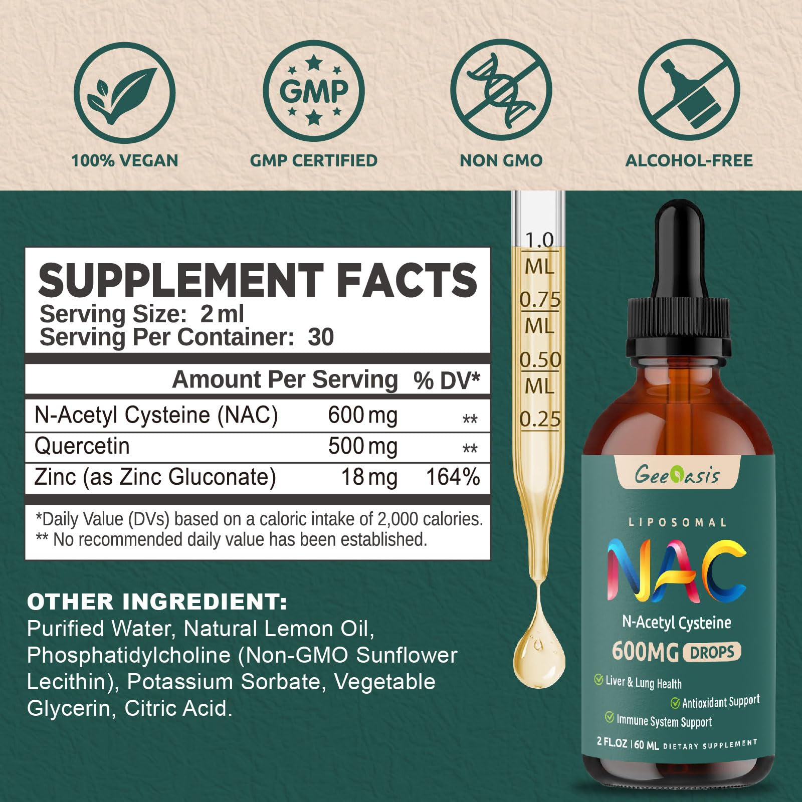 Geeoasis NAC Liquid Drops 600mg bottle side view