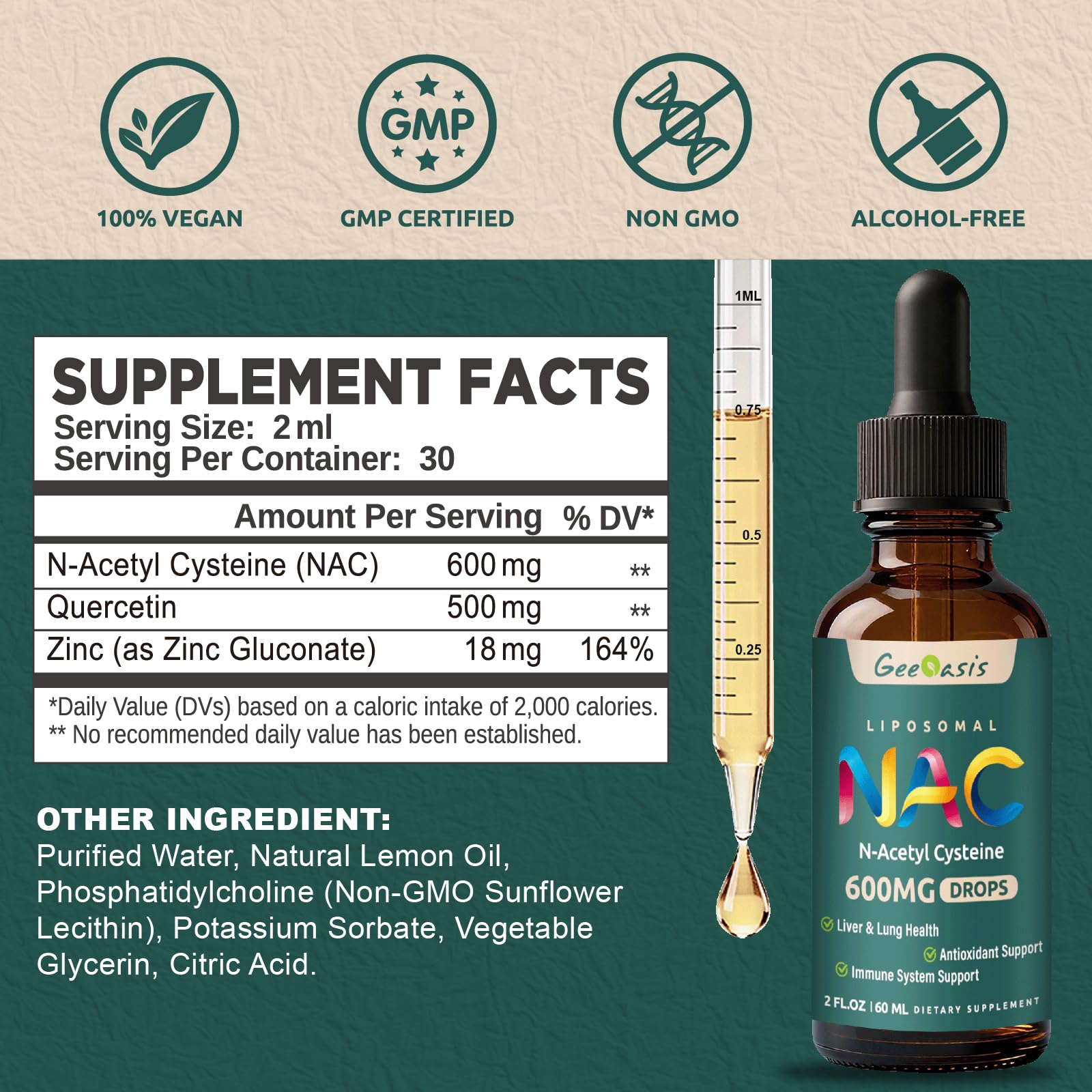Geeoasis NAC Liquid Drops 600mg bottle with dropper