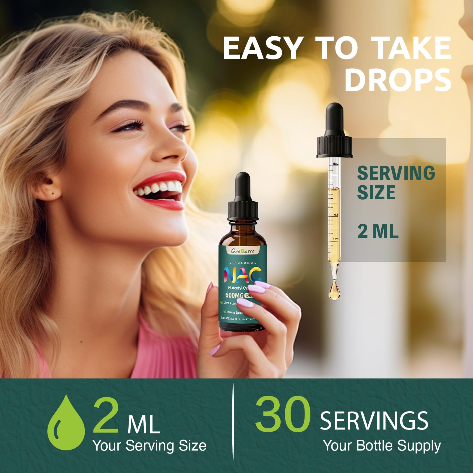Geeoasis NAC Liquid Drops 600mg in a glass of water