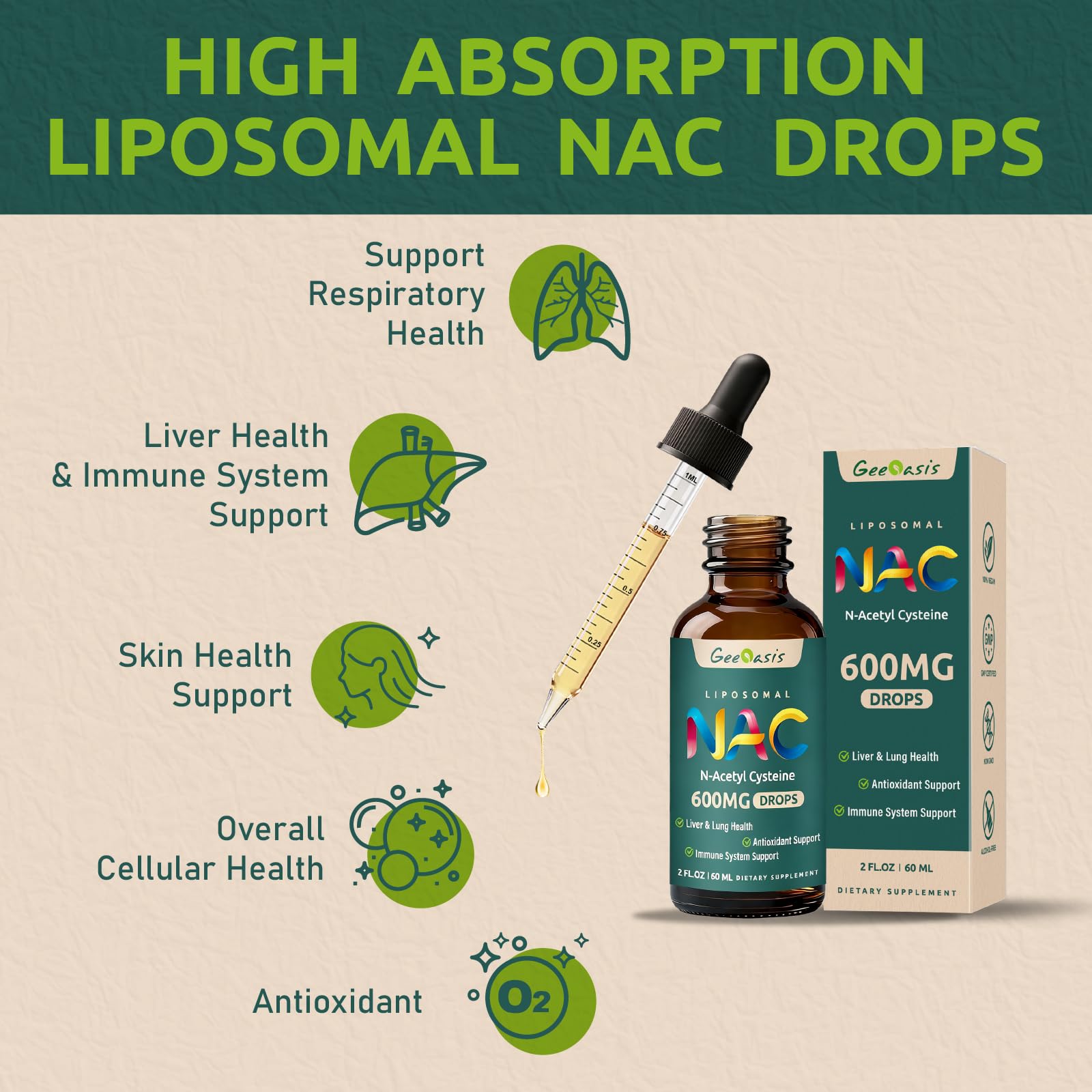 Geeoasis NAC Liquid Drops 600mg packaging side view