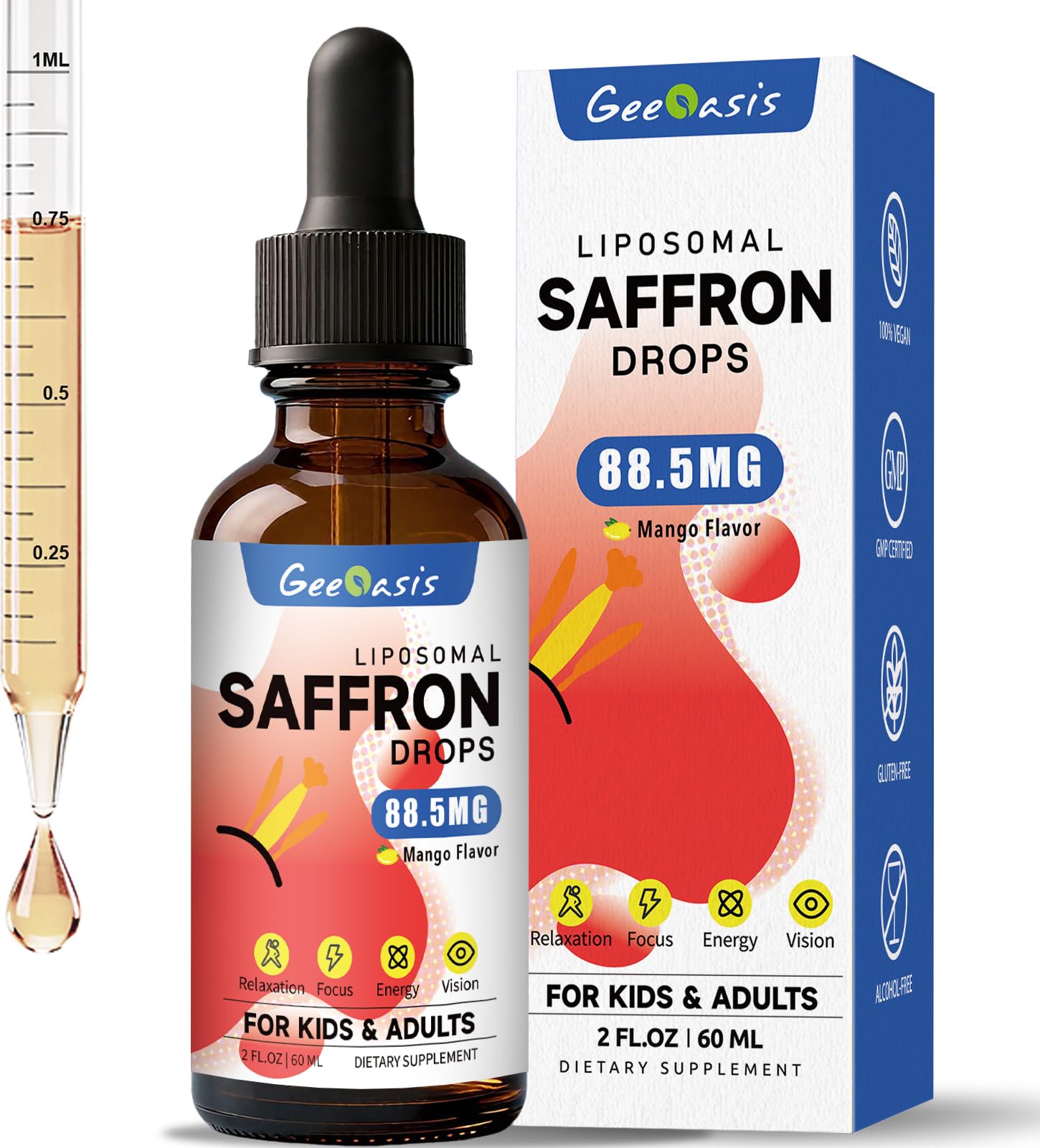 Geeoasis Saffron Drops 150g front view with mango flavour