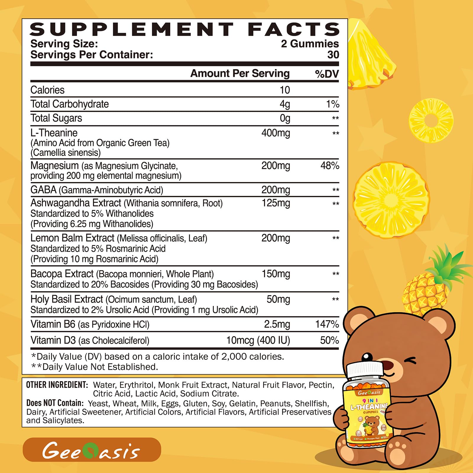 Geeoasis Theanine & GABA Gummies pineapple flavour close-up