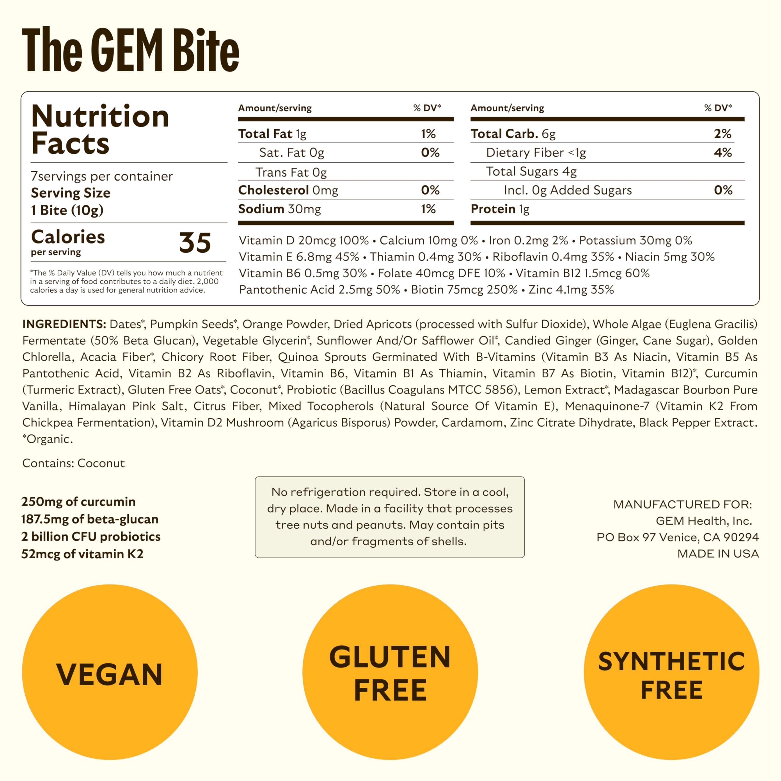 GEM Multivitamin Energy Bites nutritional information on the back