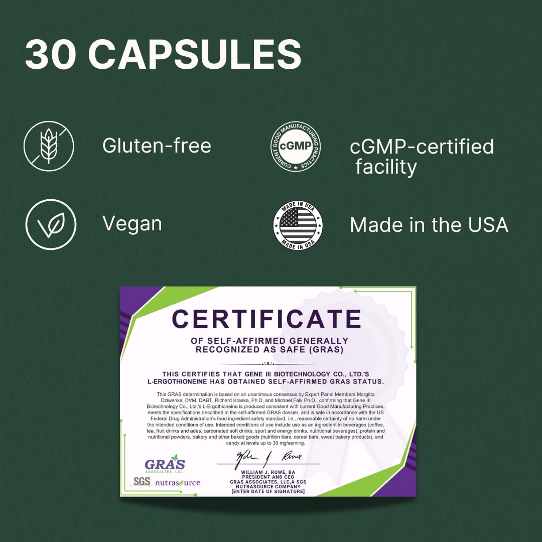GENEIII Ergothioneine Capsules 30mg displayed with a glass of water