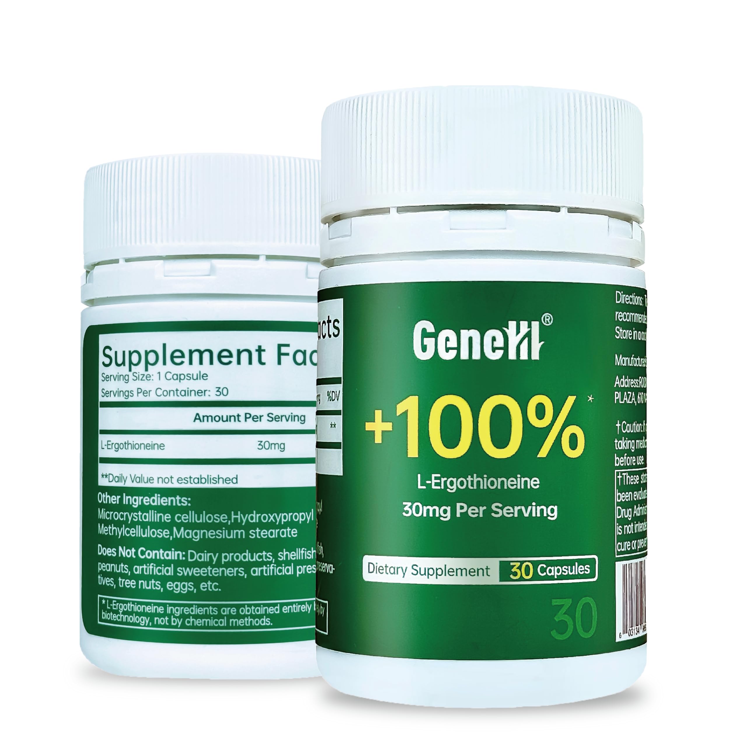 GENEIII Ergothioneine Capsules 30mg front view of bottle