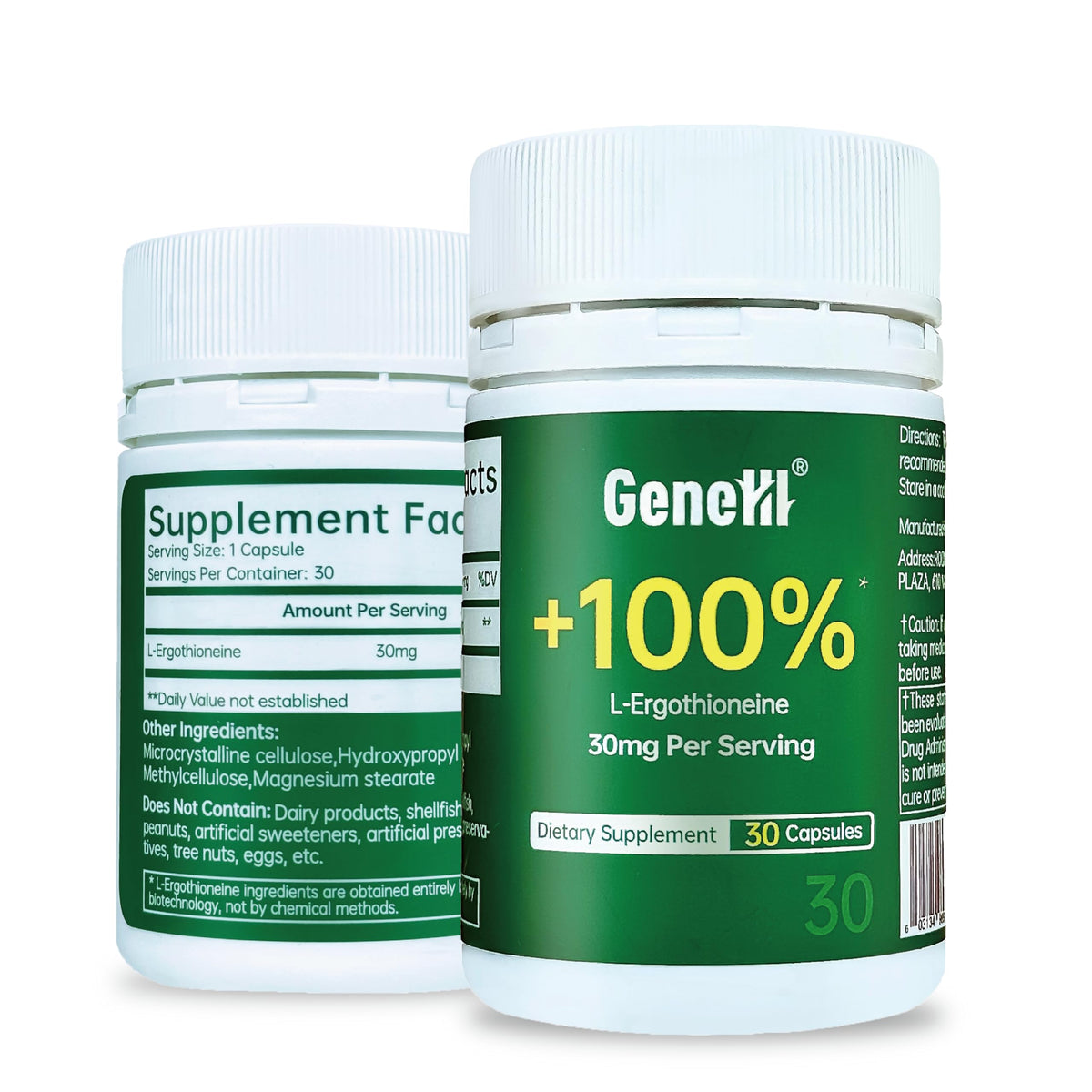 GENEIII Ergothioneine Capsules 30mg front view of bottle