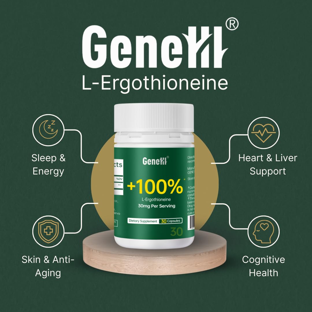 GENEIII Ergothioneine Capsules 30mg side view of bottle