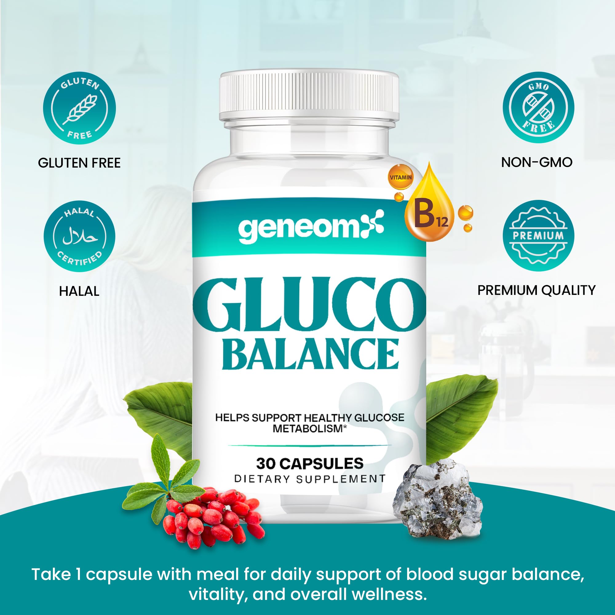 Geneomx Gluco Balance supplement capsule format on a wooden table