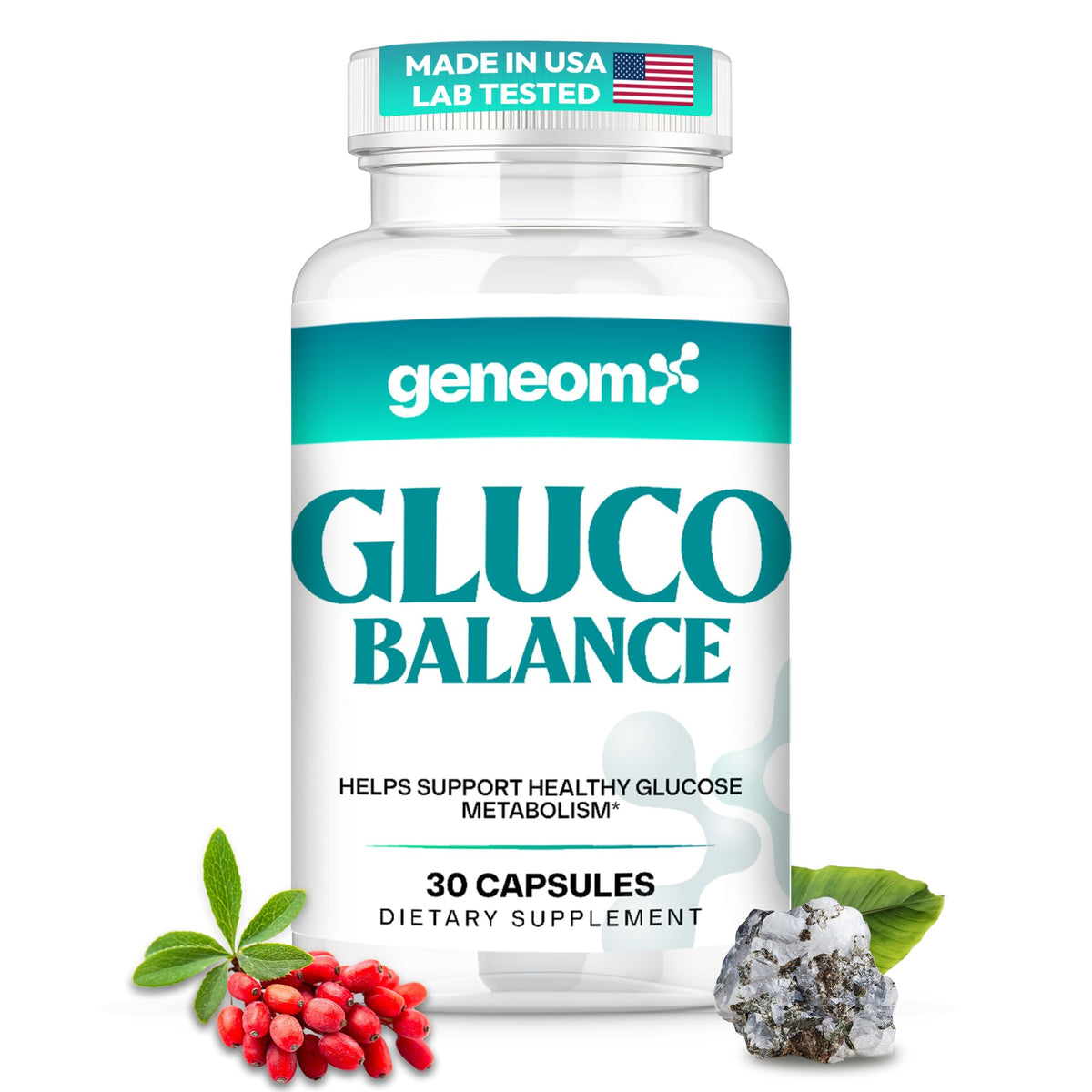 Geneomx Gluco Balance supplement front view with packaging