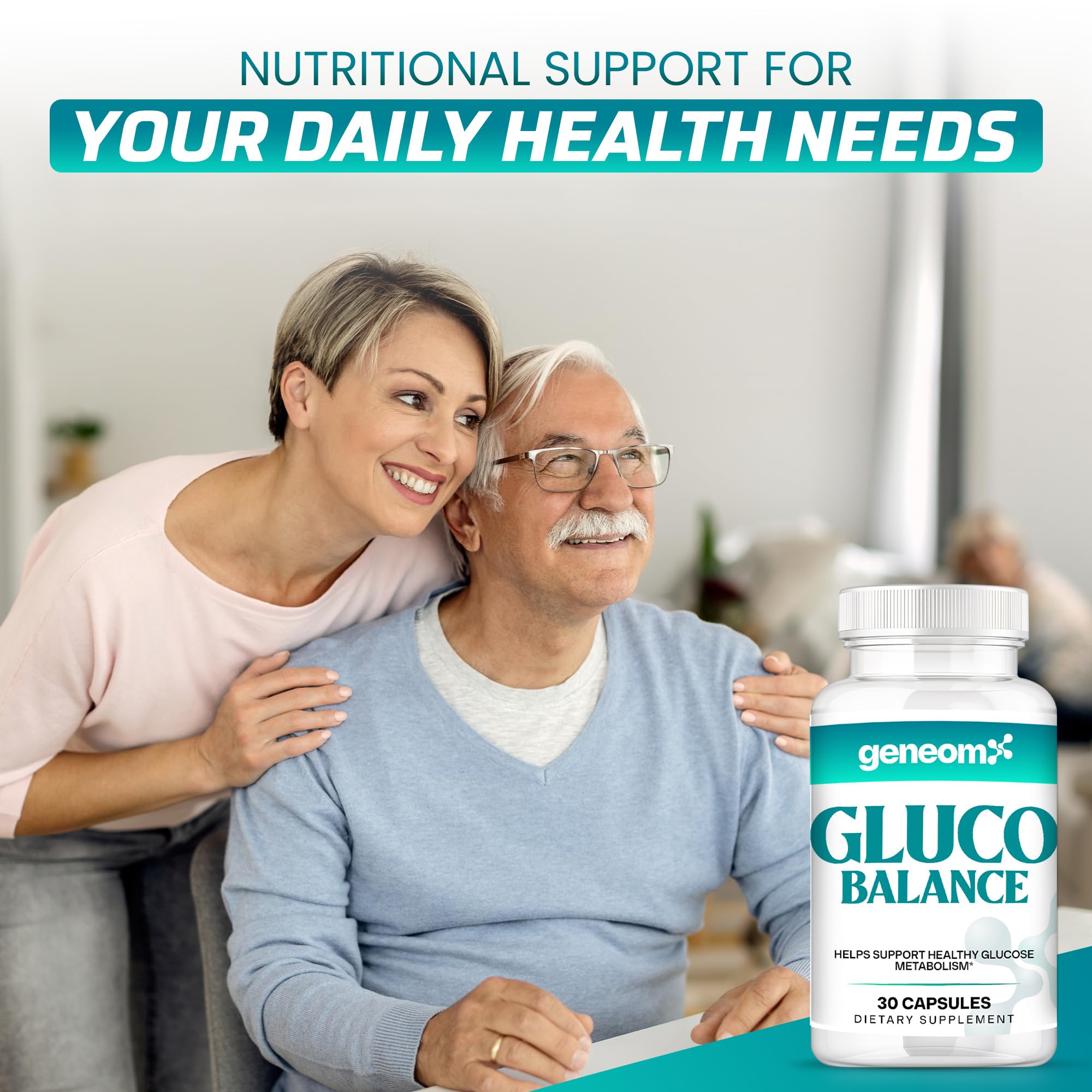 Geneomx Gluco Balance supplement in a lifestyle setting with a glass of water