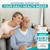 Geneomx Gluco Balance supplement in a lifestyle setting with a glass of water